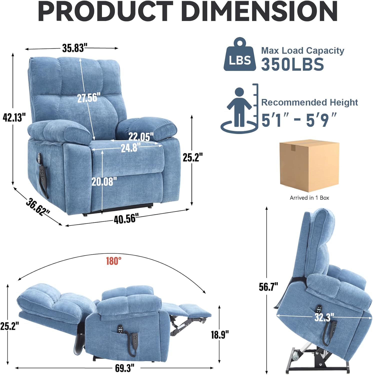 Oversized Power Lift Recliner Chair for Adults, Large Electric Lift Recliners with Massage Heating, Medium-Firm Electric Lay Flat Reclining Chair Sofa for Living Room, Chenille Blue