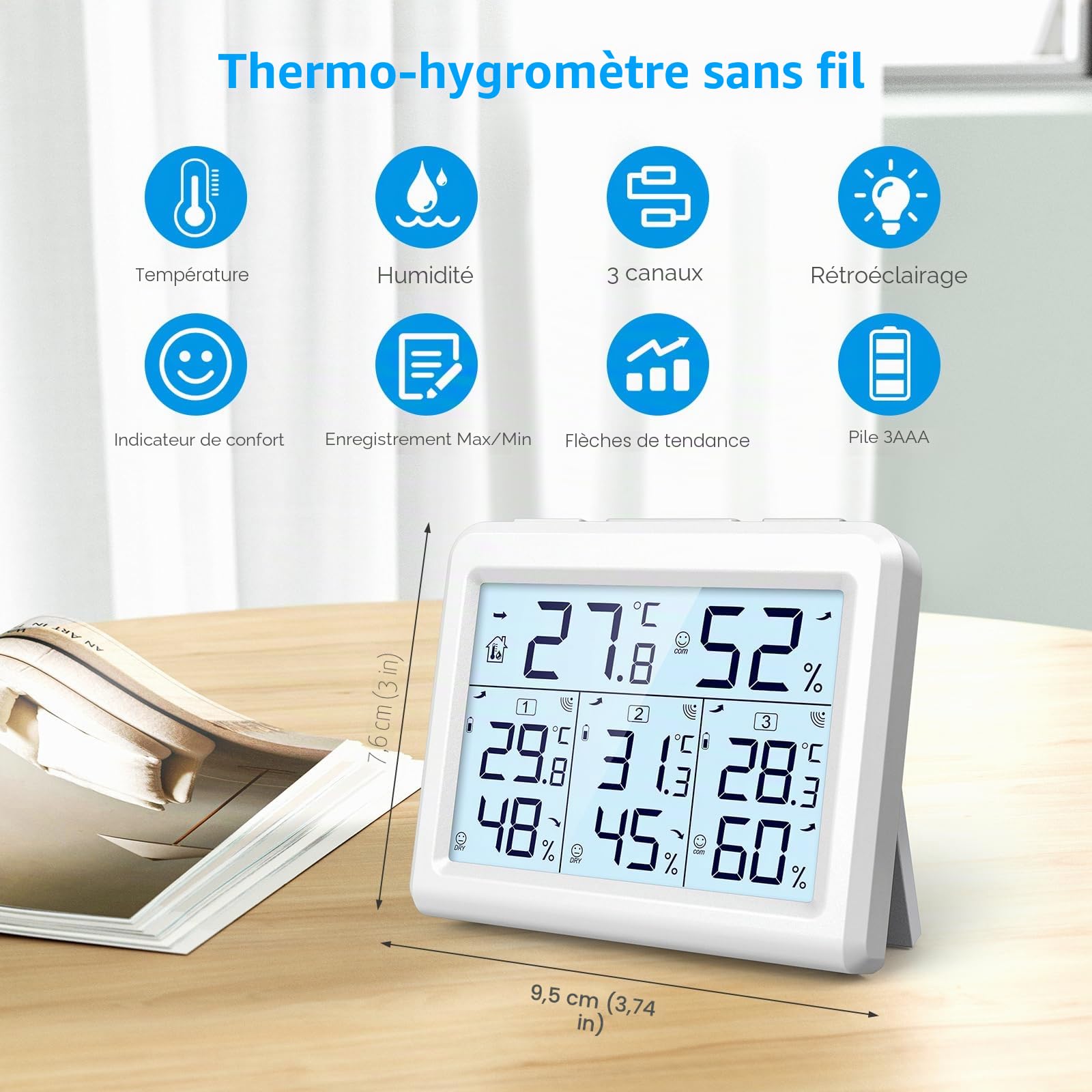 Brifit Thermomètre Hygromètre Numérique sans Fil avec 3 Capteurs, Thermomètre Connecté, Écran LCD, Enregistrement Min/Max, Commutateur ℃/℉, Thermomètre Intérieur et Extérieur pour Maison, Bureau-Blanc