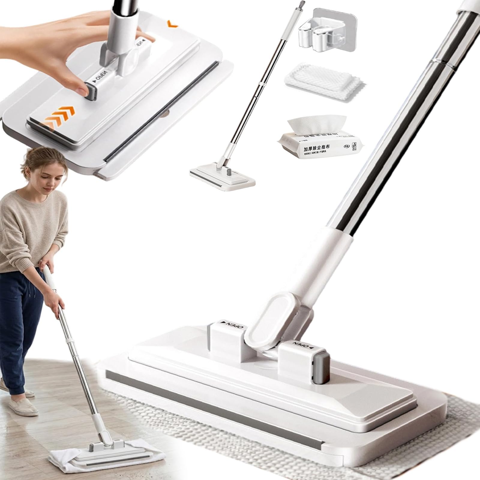 Mocio piatto multiuso a mani libere, mocio da pulizia a clip include 9 confezioni di panni umidi di ricambio, mini mocio con fibra a rotazione di 360 gradi per pavimenti in legno, piastre Length-95cm