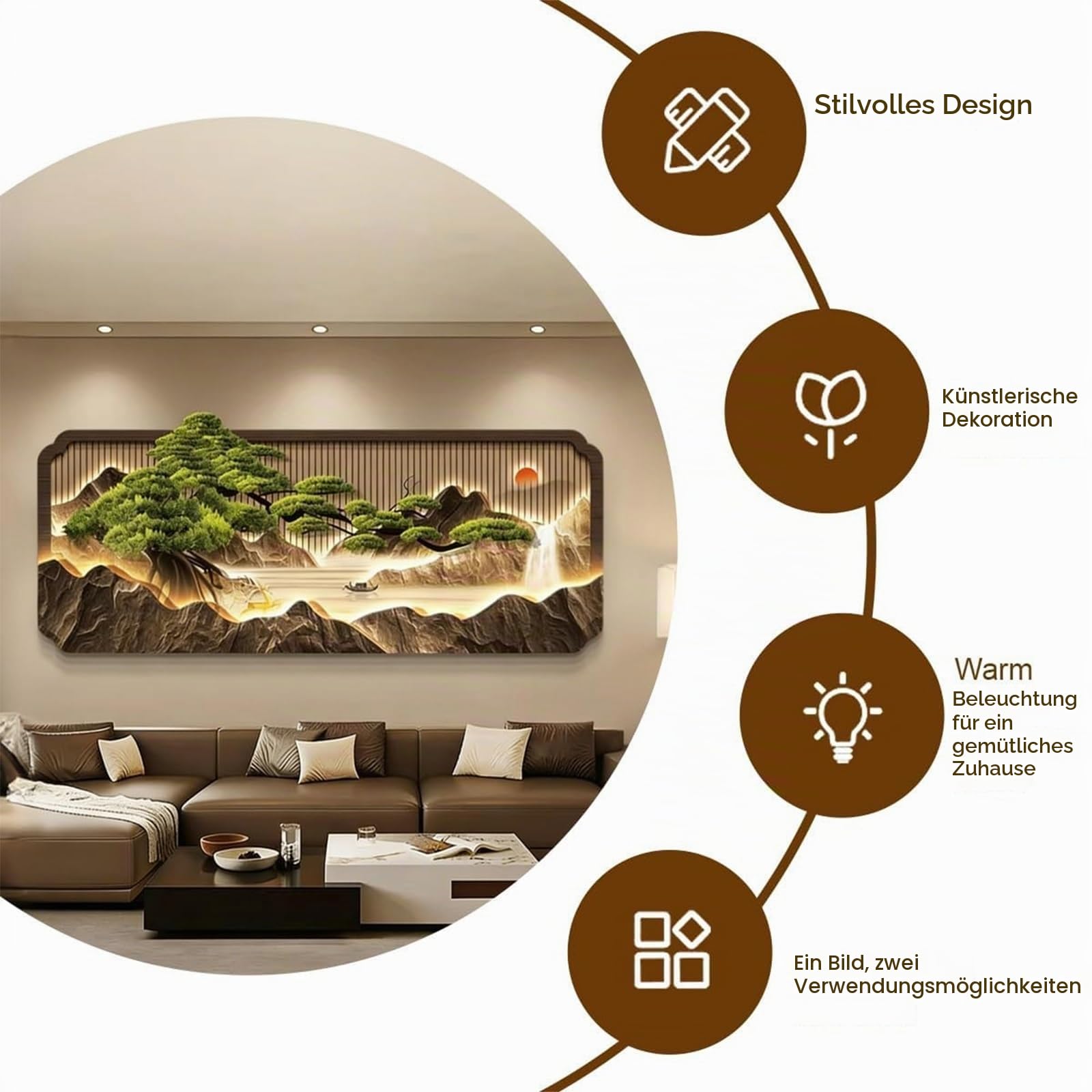 SYXHJTFZ 3D LED Wandkunst Kiefernmuster Kristallporzellan, Beleuchtetes Bild Neuer Chinesischer Luxus Rahmenlos mit Fernbedienung für Wohnzimmer Sofa und Büro(180 * 77.1cm/70.9 * 30.4in)