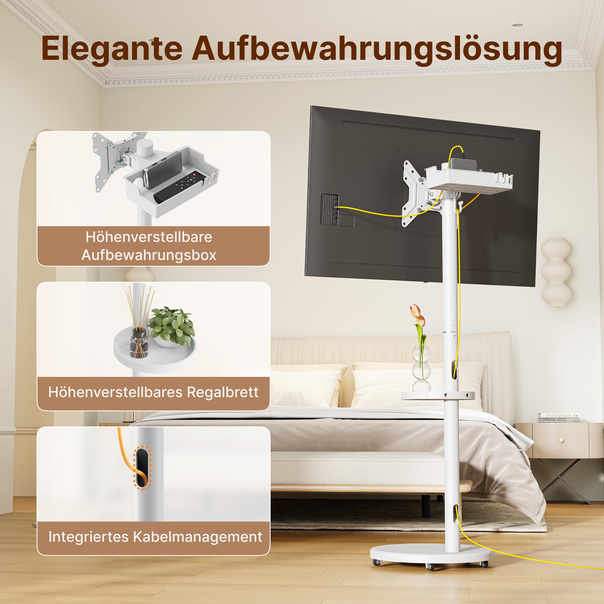 Rollender TV-Ständer mit Rädern für 17–43 Zoll Fernseher bis 15KG, Höhenverstellbarer Robuster Mobiler TV-Wagen mit Ablage, Portrait zu Landscape, Max. VESA 200x200 mm, Weiß