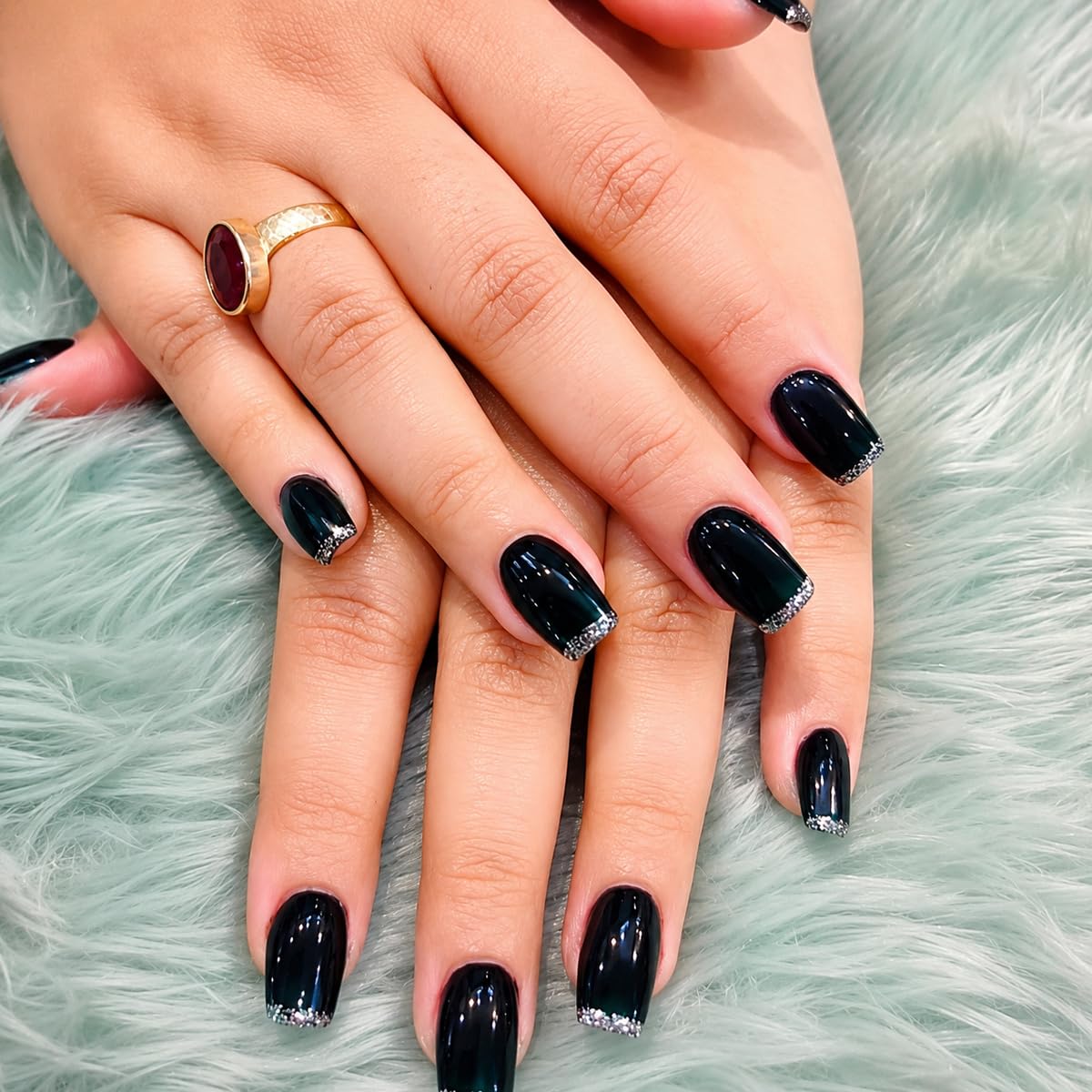 Emqueen Black with Silver Glitter Stick-On False Nails | 24 Pcs. Reusable Press-On Fake Nails Set | Easy Glue-On Application | Long-Lasting Shine | Artificial Nail Extensions for Women & Girls-image-18