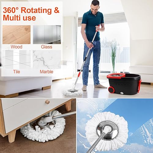 Miniatura 2 de Trapeador y cubo con escurridor, sistema de cubo giratorio de 360 con 3 trapeadores de microfibra, sistema de limpieza de pisos de acero inoxidable