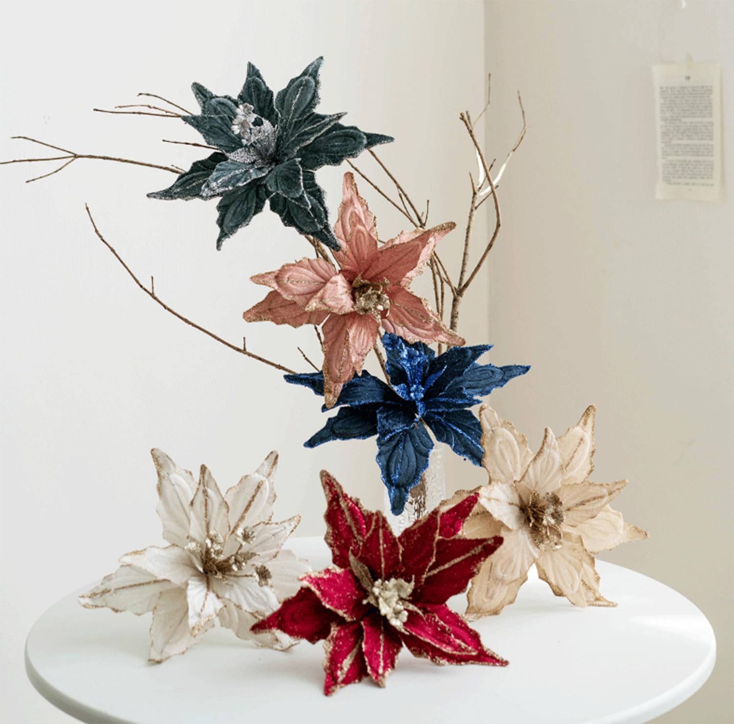 6 piezas de flores artificiales de Pascua de Navidad con purpurina para adornos de flores de 11 pulgadas para árbol de Navidad, corona, guirnalda, decoración de Navidad y Año Nuevo