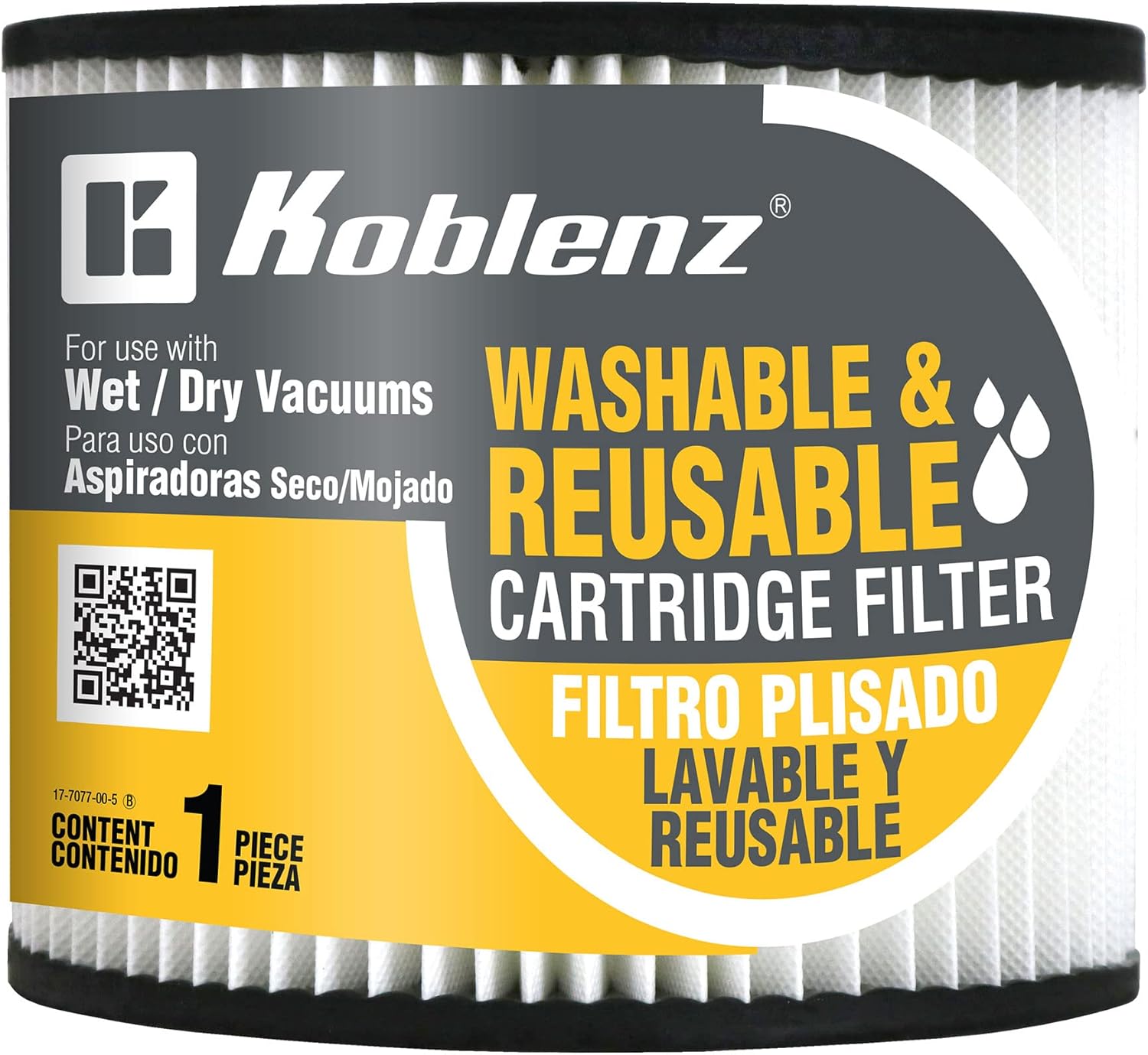Koblenz Washable Cartridge Filter, Fits 5-16 Gallon Wet-Dry-Blow Vacuum Tanks, Washable and Reusable Filter, Easy to Install, Long-Lasting, 45-11169-00-7