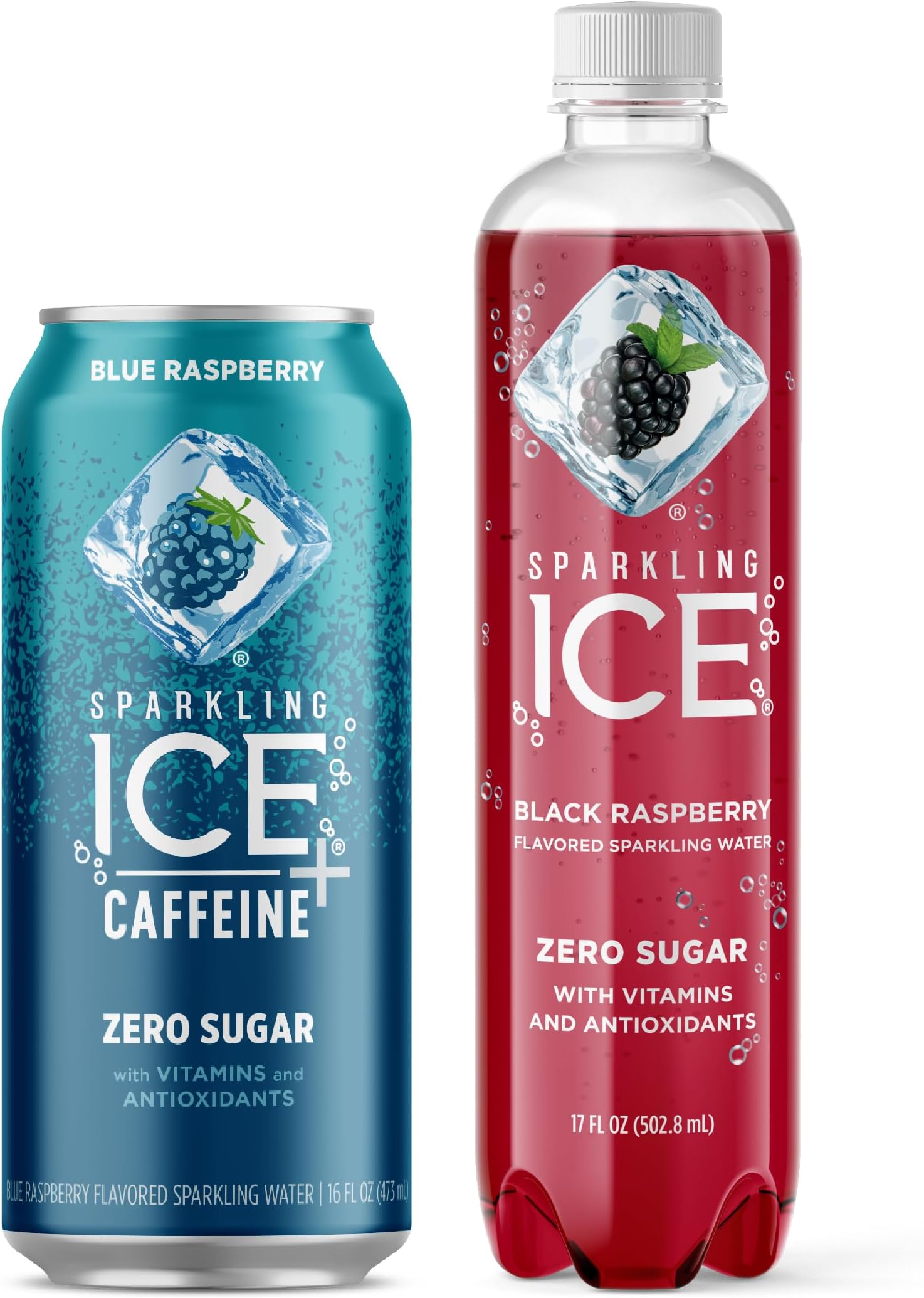 Sparkling Ice +Caffeine Blue Raspberry Sparkling Water (Pack of 12) and Sparkling ICE Black Raspberry Sparkling Water (Pack of 12)