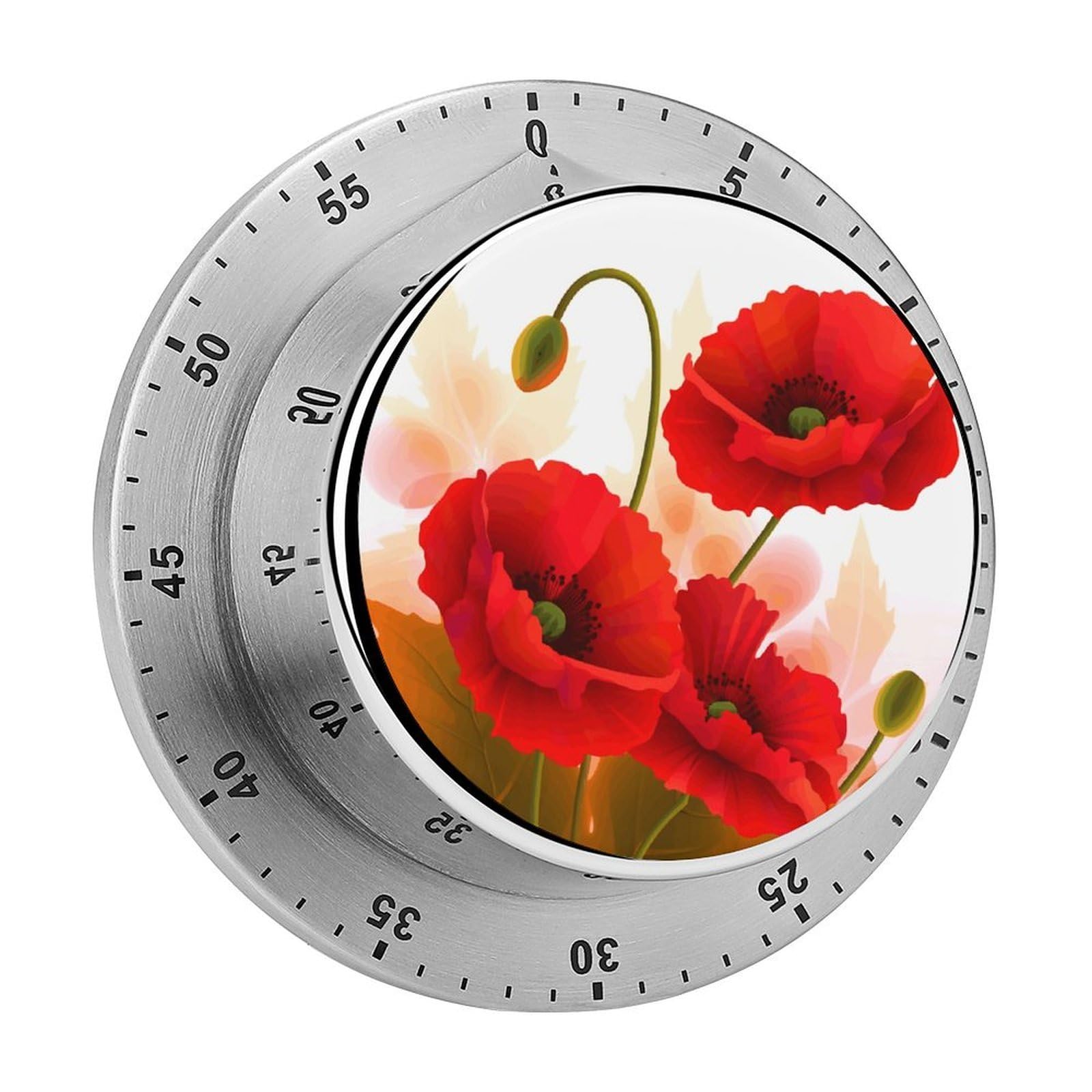 Poppy Flowers Vivid Petals Mechanical Kitchen Timer, Magnetic Stainless Steel Countdown Timer, Loud Alarm Cooking Timer for Baking, Cooking, Fitness, Classroom, No Battery Needed