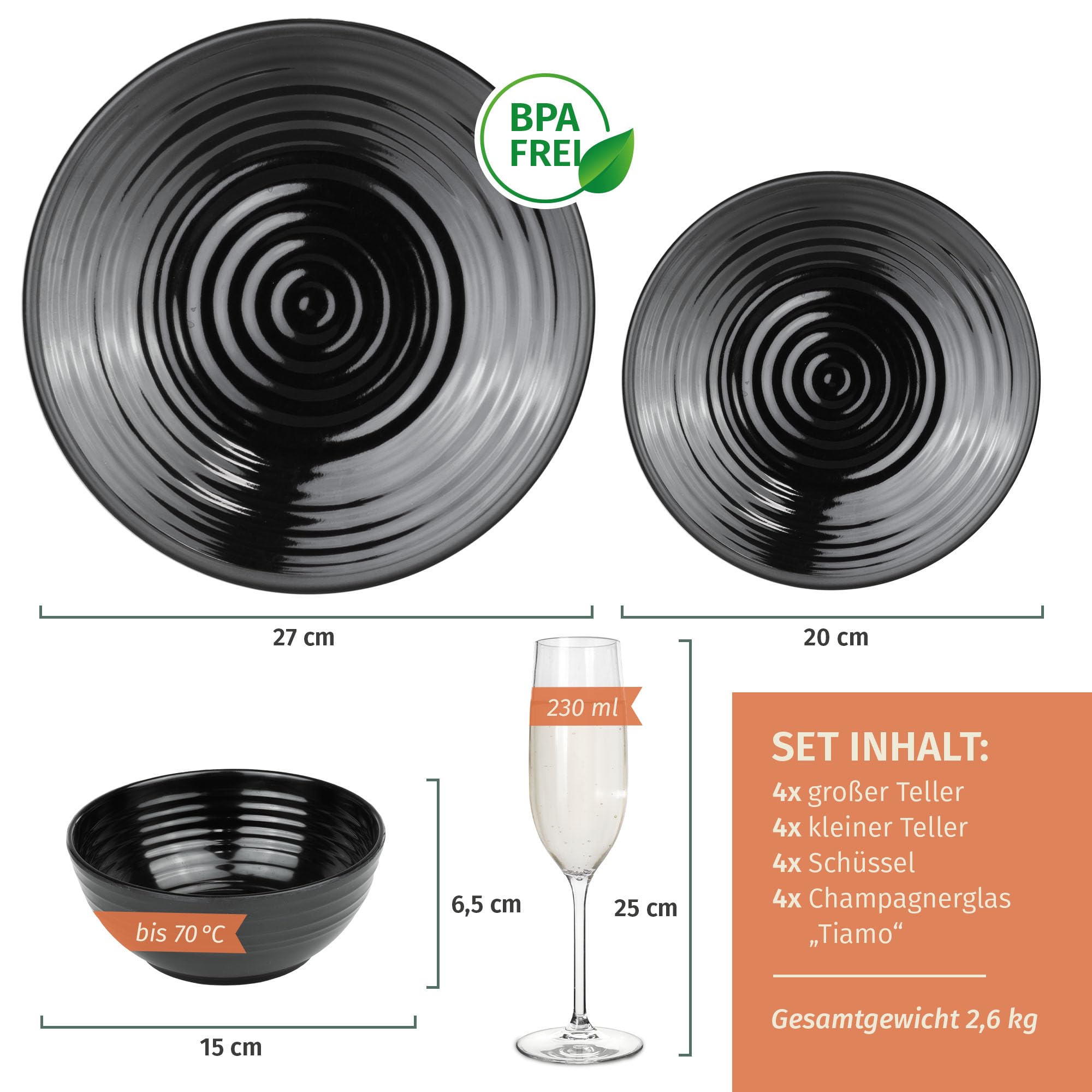 Vajilla de melamina para camping, 4 personas, color negro oscuro + 4 vasos de champán Timo Flûtes Vajilla Picnic BBQ Utensilios de cocina