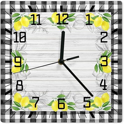 Wall Clock Yellow Lemon Battery Operated Clocks Wooden Silent Non-Ticking Wallclock 12 Inch Summer Fruit Lemon Farmhouse Plaid Square Wall Clock for disponible en Yaxa Peru