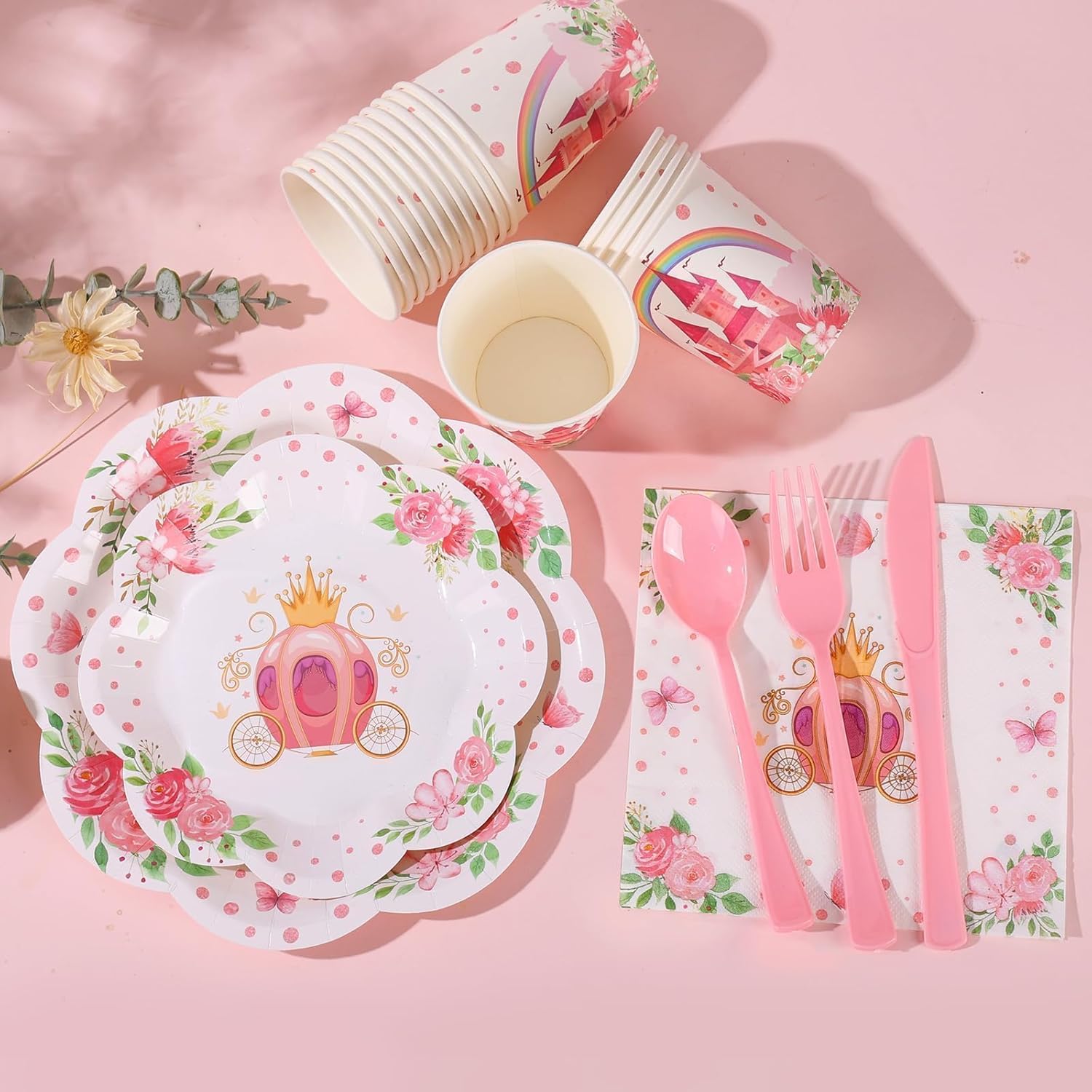 175PCS Pink Princess Birthday Party Decorations, Pink Four Ever a Princess Plates and Napkins Party Supplies, Scalloped Castle Paper Plates Disposable for Baby Shower Girl Birthday Party Decorations - Image 4