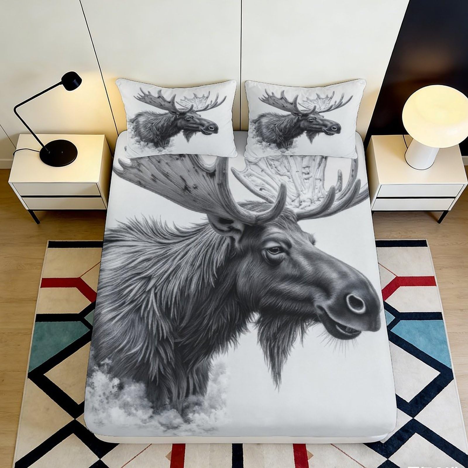 3D Printed Nordic Moose Fitted Sheet, Microfiber soft touch, wrinkle resistant, bed cover, apartment bedding decor 120x200x25cm