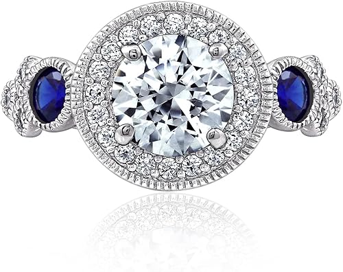 Miniatura 3 de Tienda Essentials Anillo de plata de ley chapada en platino con circonita cúbica de corte redondo antiguo y zafiro creado (anteriormente colección