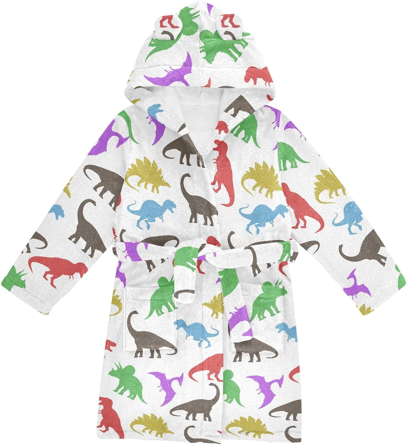 Colorful Dinosaur Pattern Toddler Hooded Bathrobe for Boys Girls Soft Plush Bath Towel Robe 2-12 Years