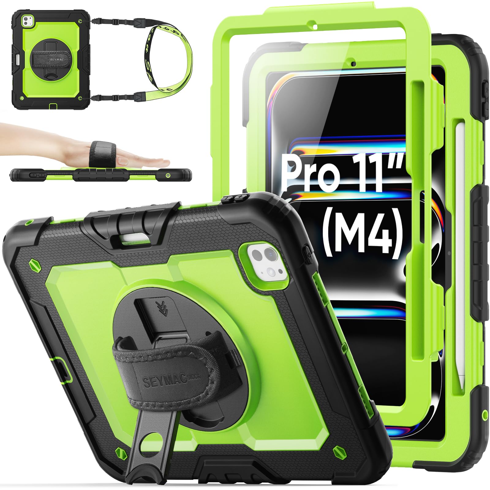 SEYMAC stock Case for iPad Pro 11-inch M5-M4 2025-2024, Shockproof Heavy Duty Case with Screen Protector, Pencil Holder, Rotating Stand, Hand Strap, Shoulder Strap, Green