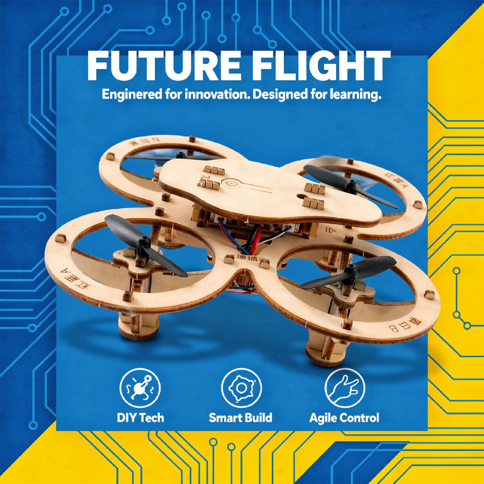 Generisch Holz DIY Quadrocopter Bausatz, leichter RC Quadrocopter mit fester Höhe und stabilem Flugverhalten, einfacher Aufbau, Lernmodell zum Mitmachen, für interaktive MINT Projekte