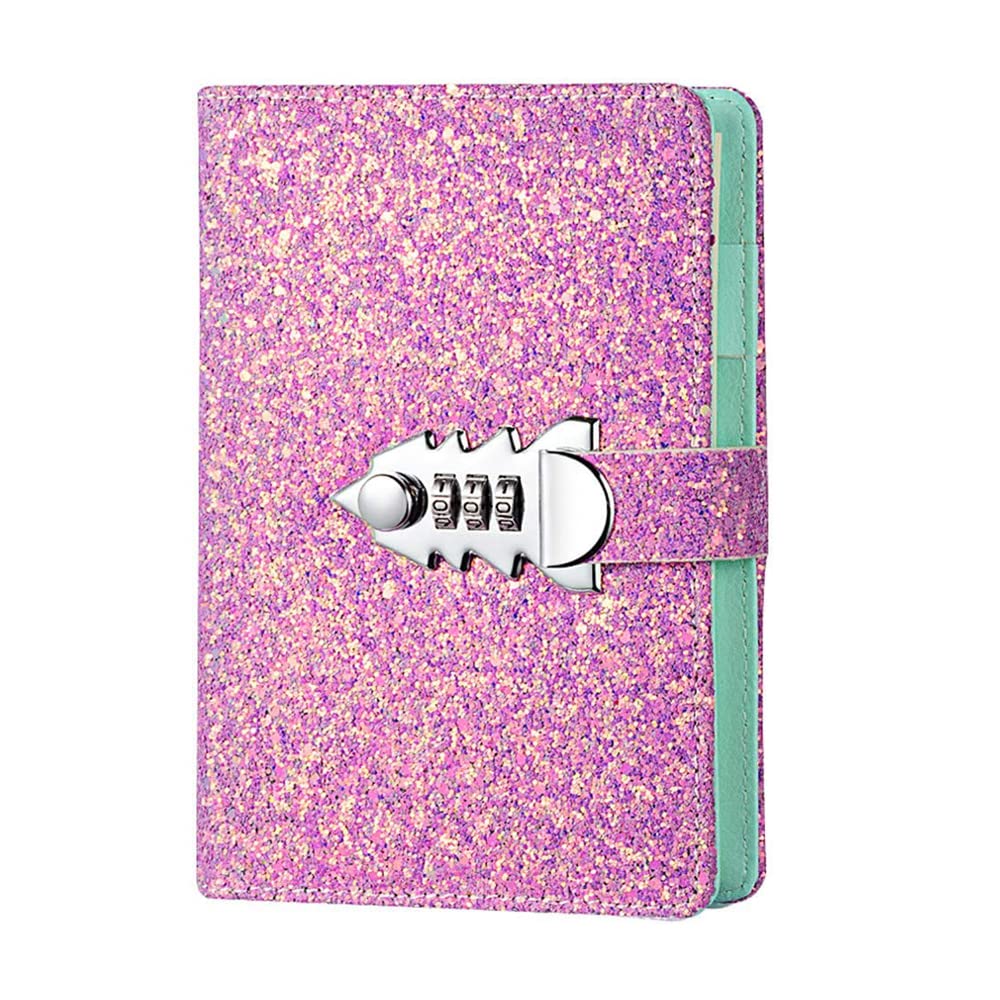 Lock Journal with PU Leather Cover, A6 Lockable Refillable Binder Notebook with Pen Holder and Card Slots, Secret Diary Planner Notepad for School Business Girls [Glitter Pink]