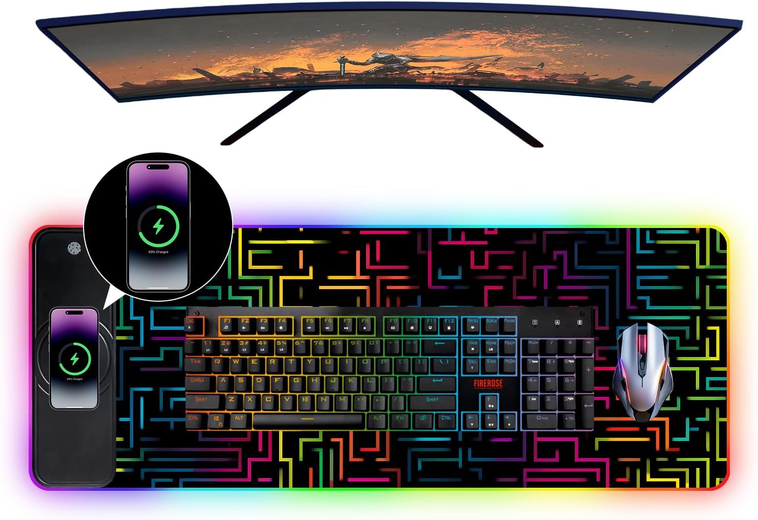 Wireless Charging RGB Gaming Mouse Pad, 31.5 x 11.8 Inch Extended Mouse Mat with Neon Geometric Line Design, LED Desk Pad with 7 Lighting Modes, Non-Slip Base for Gaming & Office