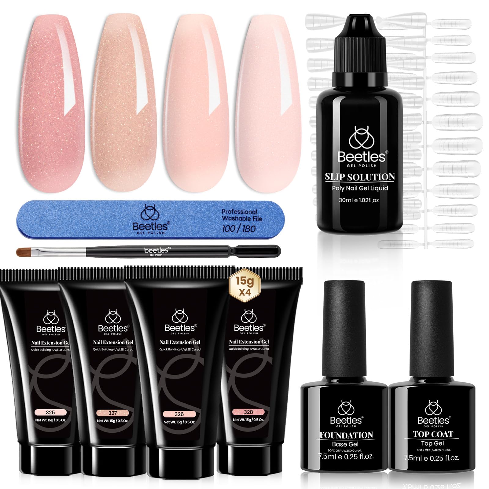 Beetles Nail Extension Gel, 4 Colors Poly Nail Gel Kit with Base & Top Coat, Slip Solution & Brush, All-in-One Starter Kit for Home Manicure, Holiday Gift for Women