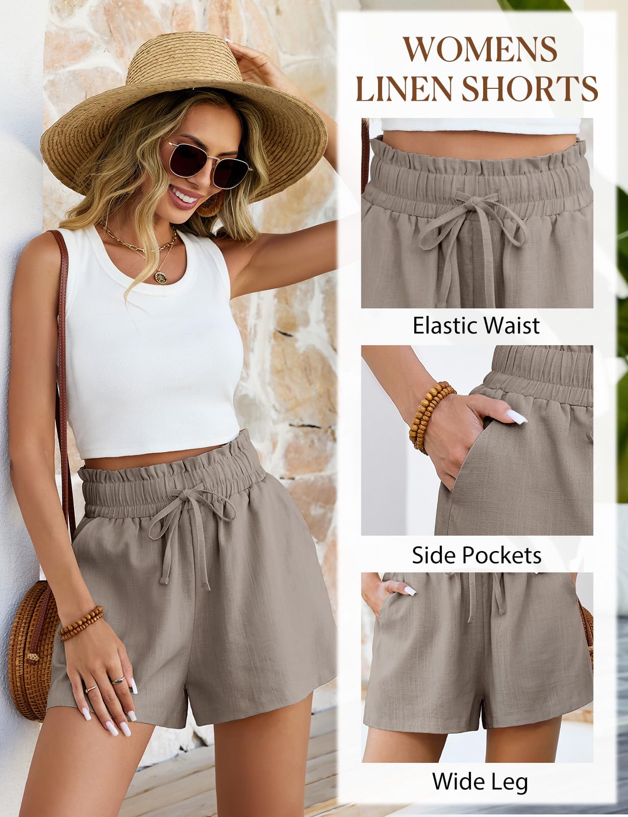 Pantaloni Corti Donna Estivi in Lino Pantaloncini Vita Elastica Tinta Casual Larghi Pantaloni Corti da Bermuda con Tasche e Coulisse