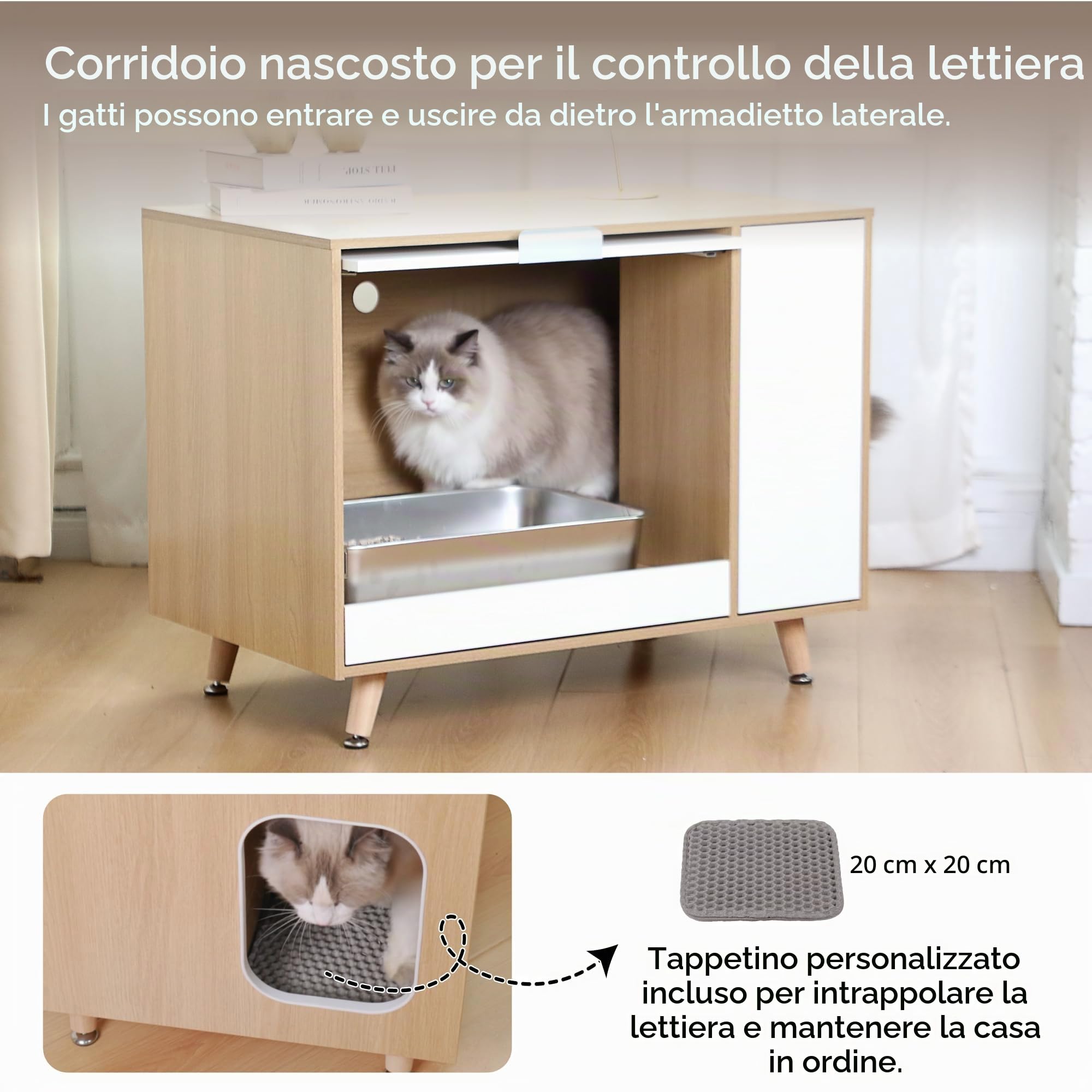 Mobile Lettiera per Gatti, Mobile Nascondi Lettiera con Ante Ribaltabile e Vassoio Estraibile, Cuccia per Gatti con Entrata Laterale e Mobiletto, Tonalità Legno, 80x50x60 cm