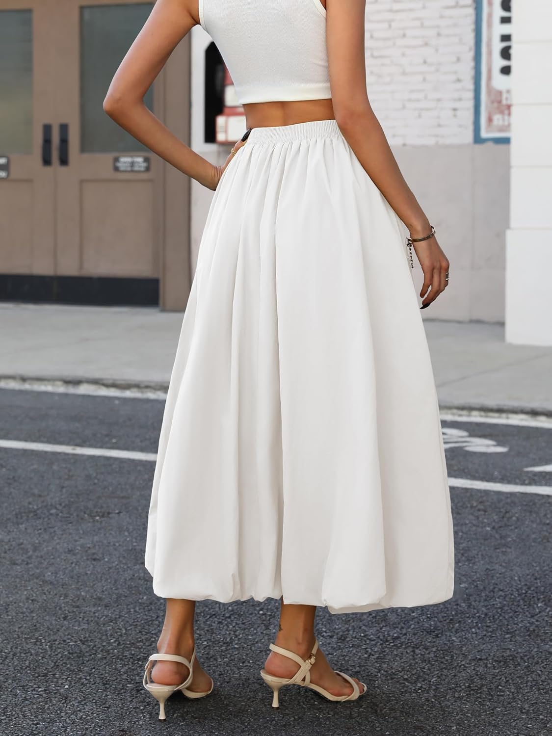 ELLEVEN Women's Bubble Maxi Skirt, Elastic Waist Puffy Hem A-Line Skirt with Pockets - Image 3