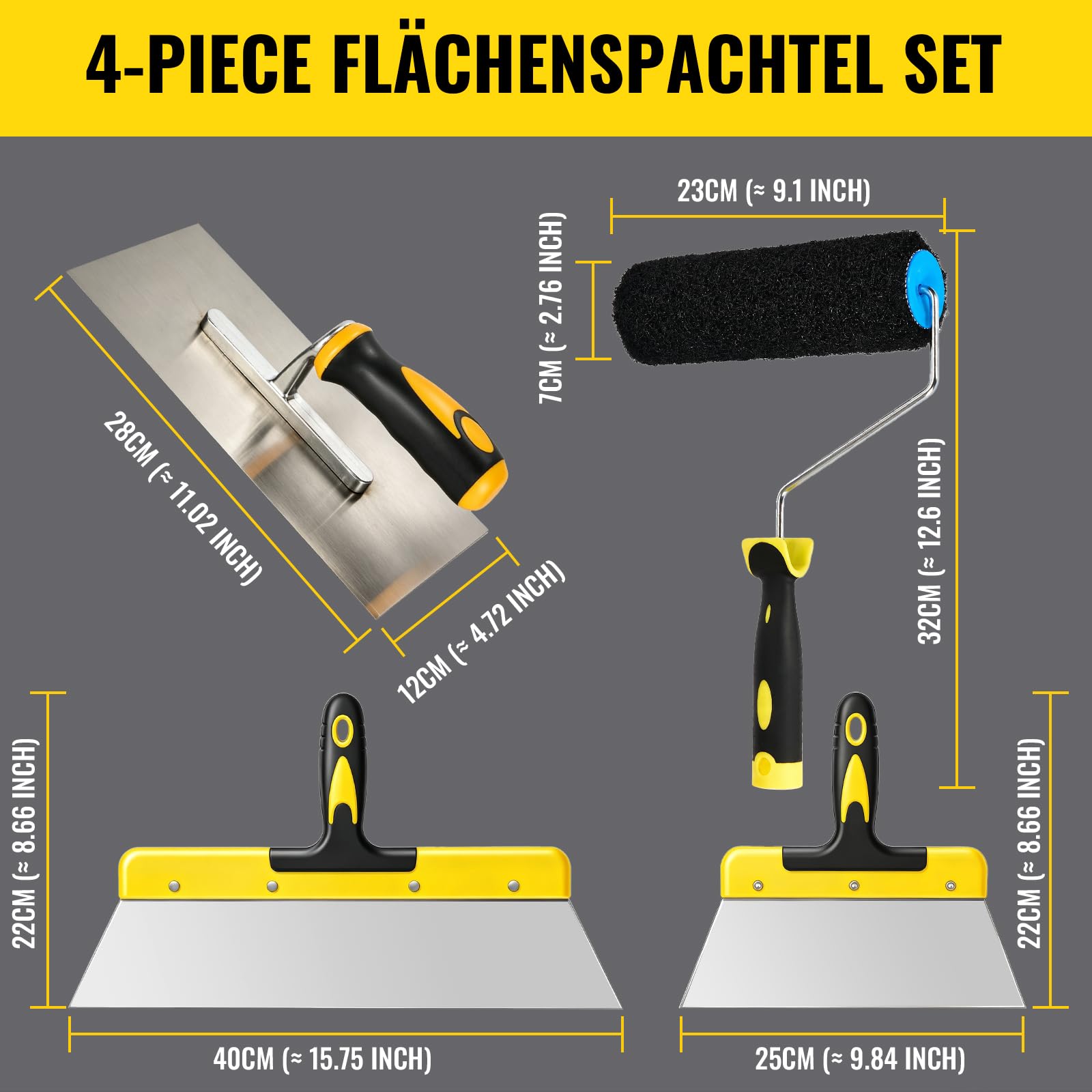 Set Spatole Rasanti con Rullo per Stucco, Kit 4 Pezzi in Acciaio Inox per Cartongesso e Riparazione Pareti, Rullo 23 cm, Frattazzo e Spatole 25/40 cm