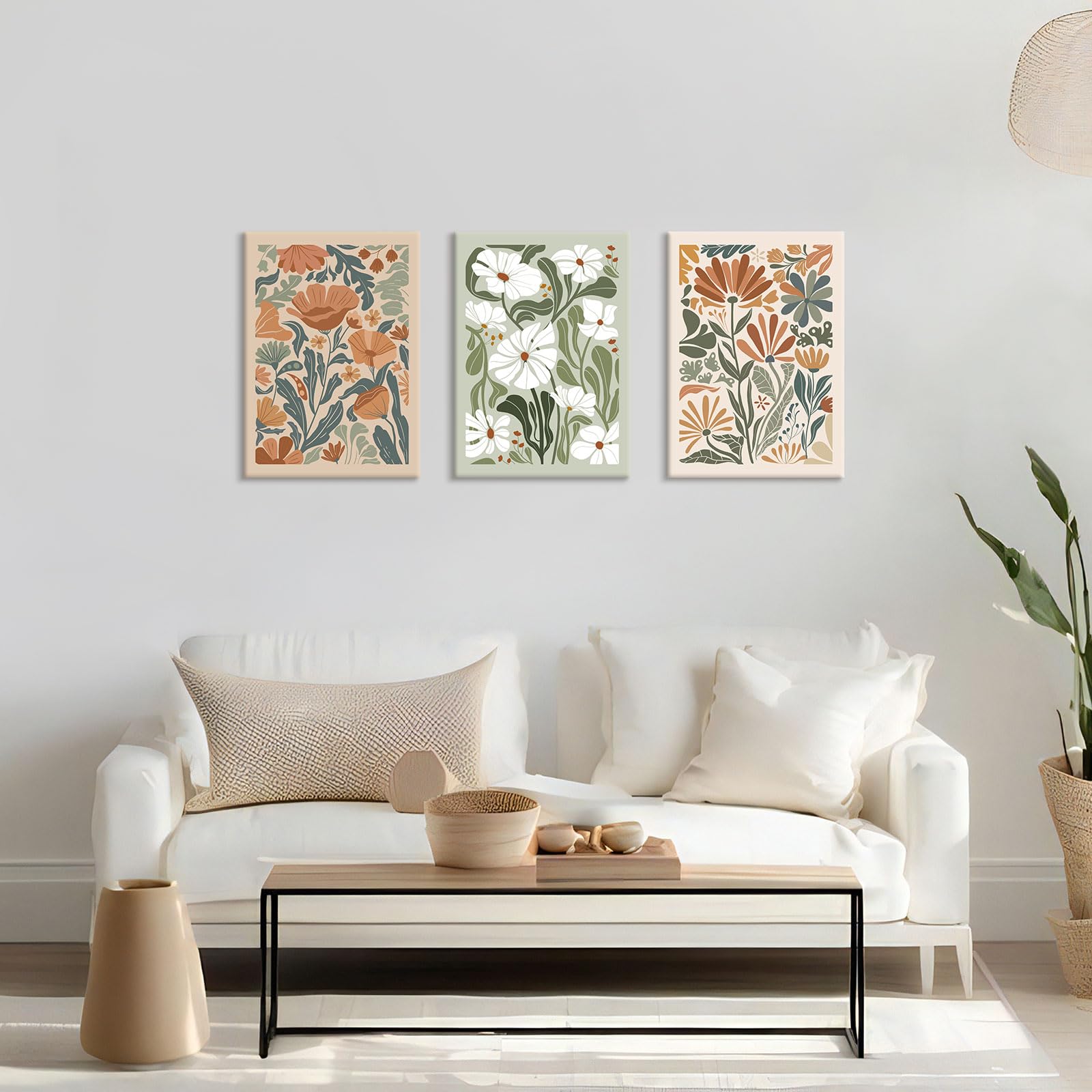 Abstract Floral Framed Canvas Wall Art Boho Floral Botanical Print Set of 3 Green Beige Wildflower Flower Market Paintings Modern Minimalist Pictures Decor Bedroom Bathroom Living Room Office 16"x24" - Image 4