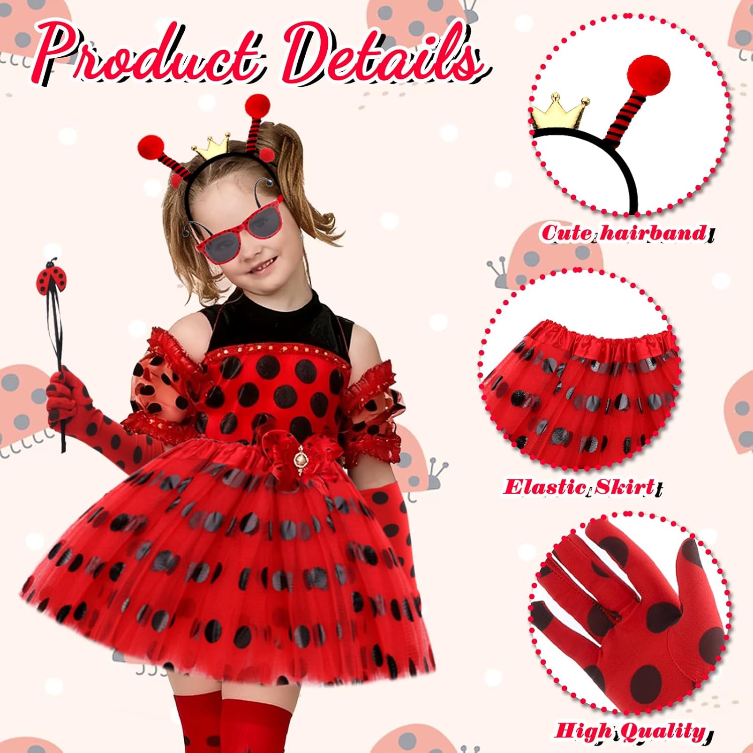 10 PCS Women Ladybug Costume Accessories - Ladybug Headbands Glasses Striped Gloves Tights Tutu for Halloween World Book Week Dress up - Image 3