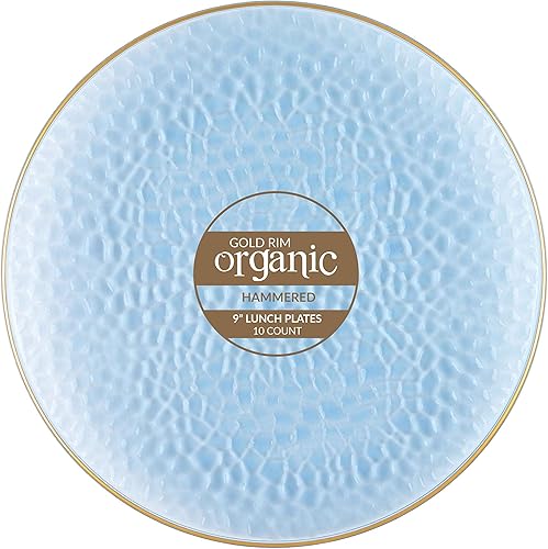 PARTY BARGAINS Platos de cena martillados orgánicos de 9 pulgadas, paquete de 10, placa azul transparenteborde dorado, platos desechables de