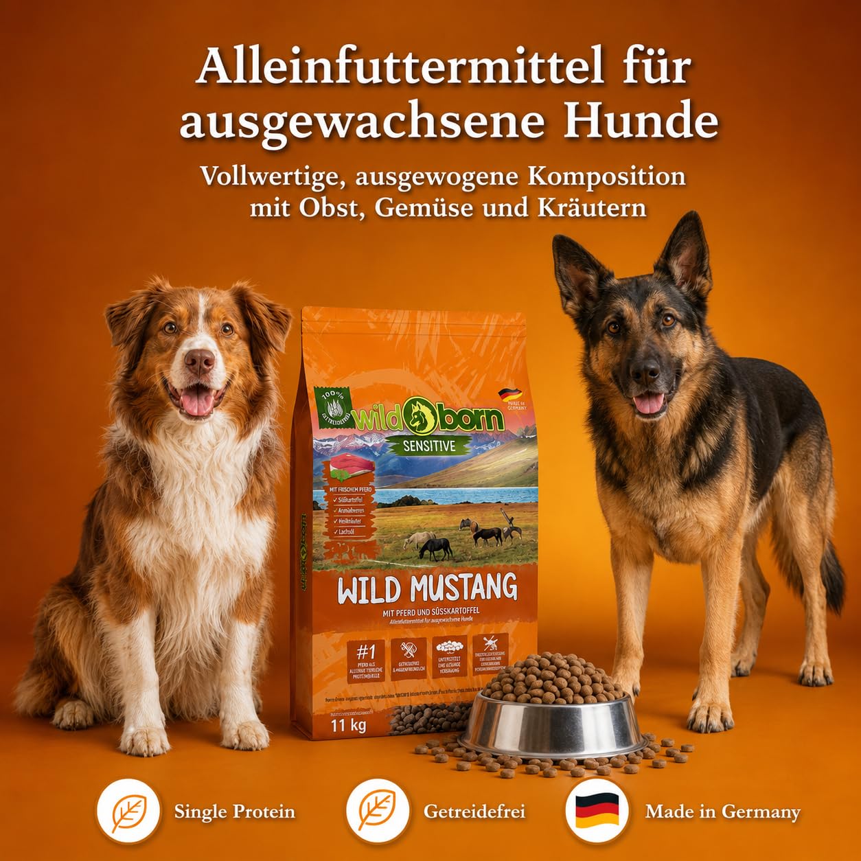 Wildborn Wild Mustang 1 x 11 kg getreidefreies Hundefutter mit Pferdefleisch, Süßkartoffel & Aroniabeeren | Monoproteinprodukt auch für Allergiker geeignet