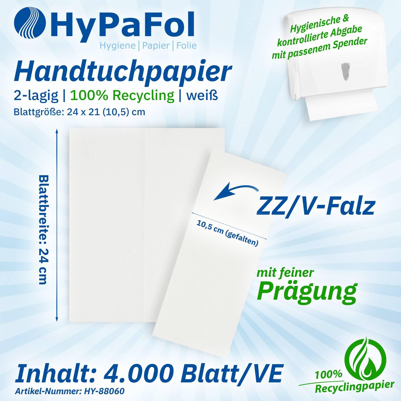 Hypafol Papierhandtücher 4000 Blatt | weiß | 2-lagig, 24x21 cm | praktischer V-Falz für Handtuchspender in Toiletten, Büros, Praxen & Studios