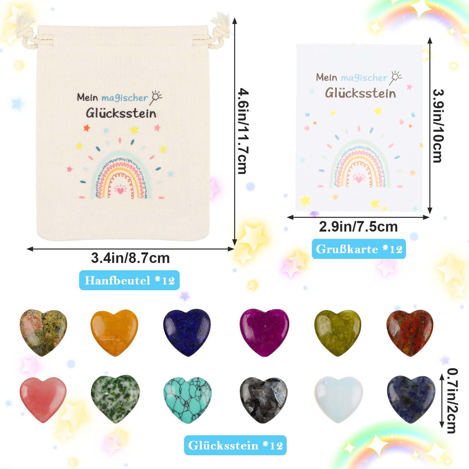 12er Glückssteine für Kinder, Kindergeburtstag Mitgebsel mit Edelsteine Jutesäckchen und Magische Steine Kärtchen, Give Away für Taufe Kommunion Hochzeit oder Wichtelgeschenk, Glücksbringer Kinder (C)