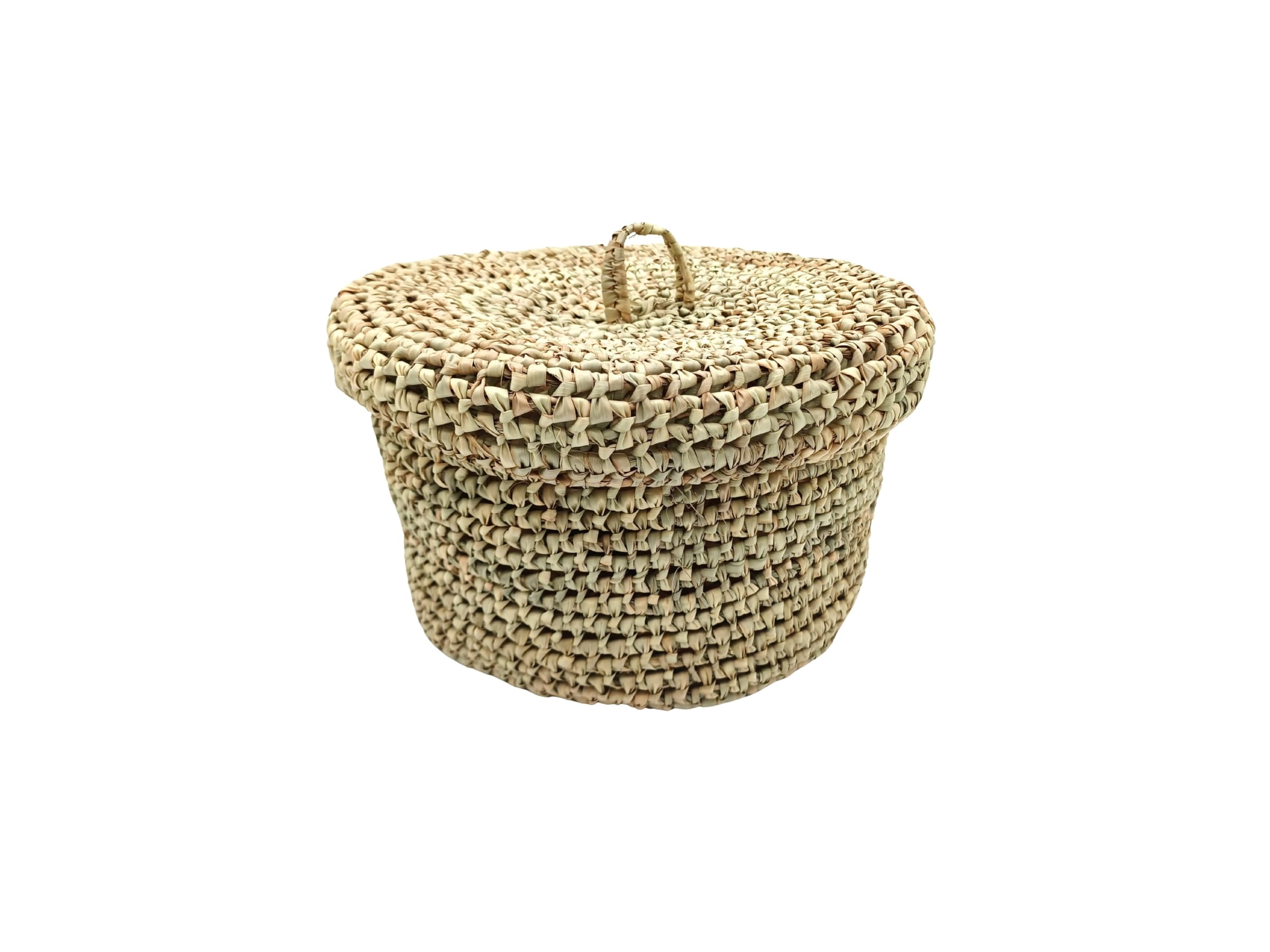 Cesta Redonda de Almacenamiento Marroquí, Fibras Naturales, con Tapa Tejida, Beige (Grande)
