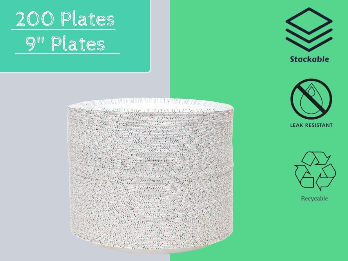 Smygoods 9 Inch Paper Plates 100% Compostable [200 Pack]