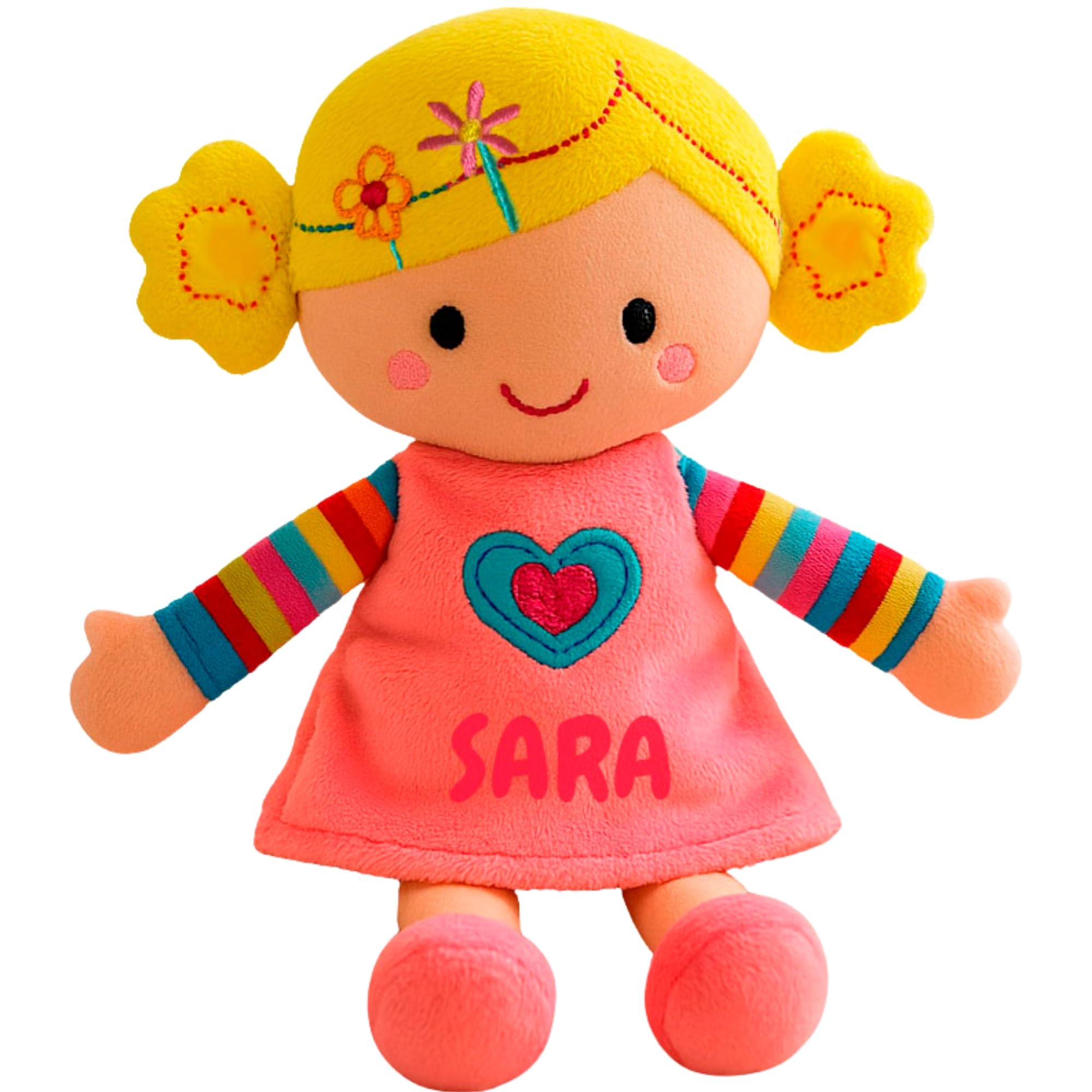 Peluchilandia Muñeca de Trapo Personalizada - Regalo Bebe 1 año - Muñecas para niñas 2 años y más - Tacto Muy Suave 25cm Personalizadas con su Nombre para un Detalle Especial