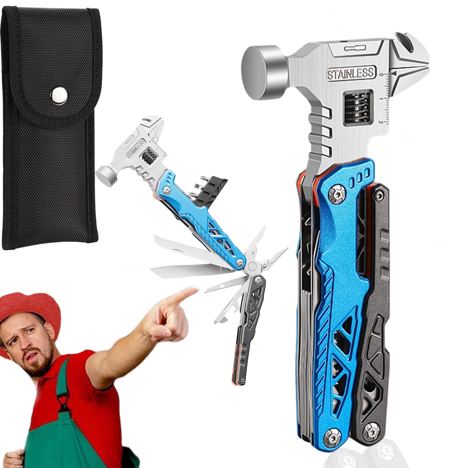 18 in 1 Multifunctional Wrench Hammer 60tools, Heavy Duty Stainless Steel Multitool Hammer with Adjustable Wrench & Pliers, Survival Kit and Camping Tools Gear,Practical Gift for Men Dad (Blue)