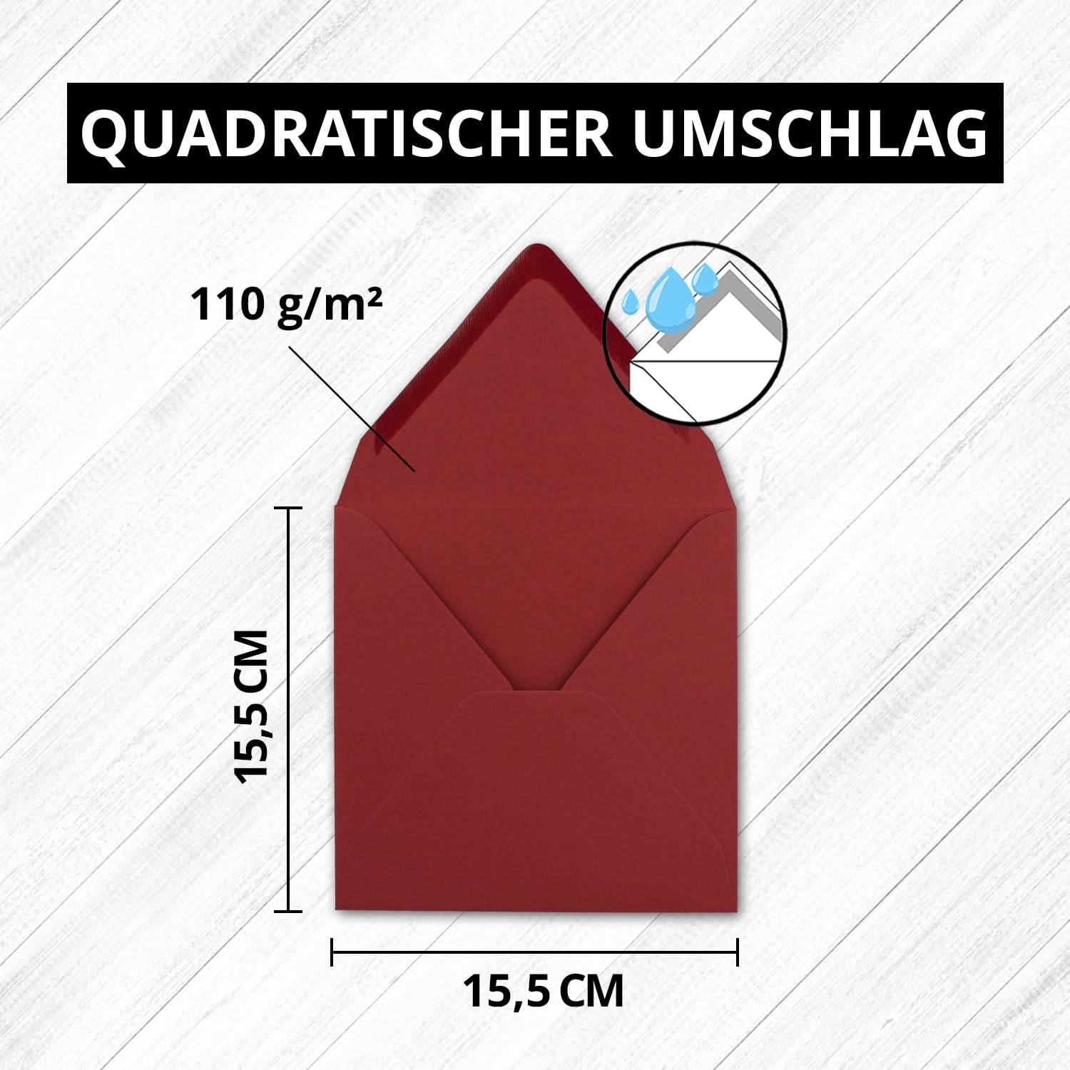 Set di 200 biglietti pieghevoli quadrati, 15 x 15 cm, con buste, rosso scuro, incollaggio a umido, per biglietti di auguri, inviti e molto altro ancora
