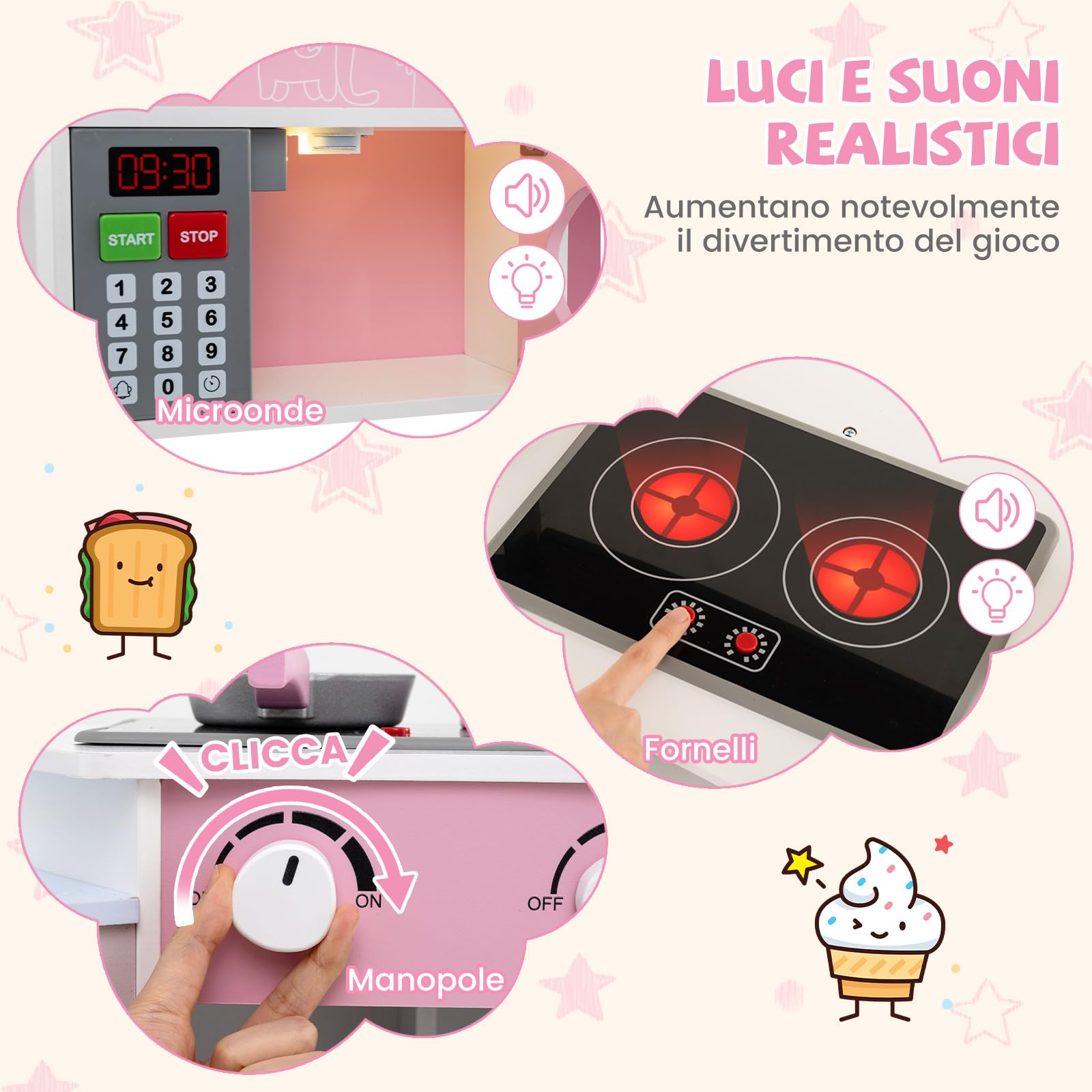 COSTWAY Cucina Giocattolo Angolare con Fornelli e Micronde da Suoni e Luci, Cucina per Bambini in Legno con Macchina Caffè, Lavandelo, Forno e Lavatrice, Set Cucina con Accessori (Rosa)