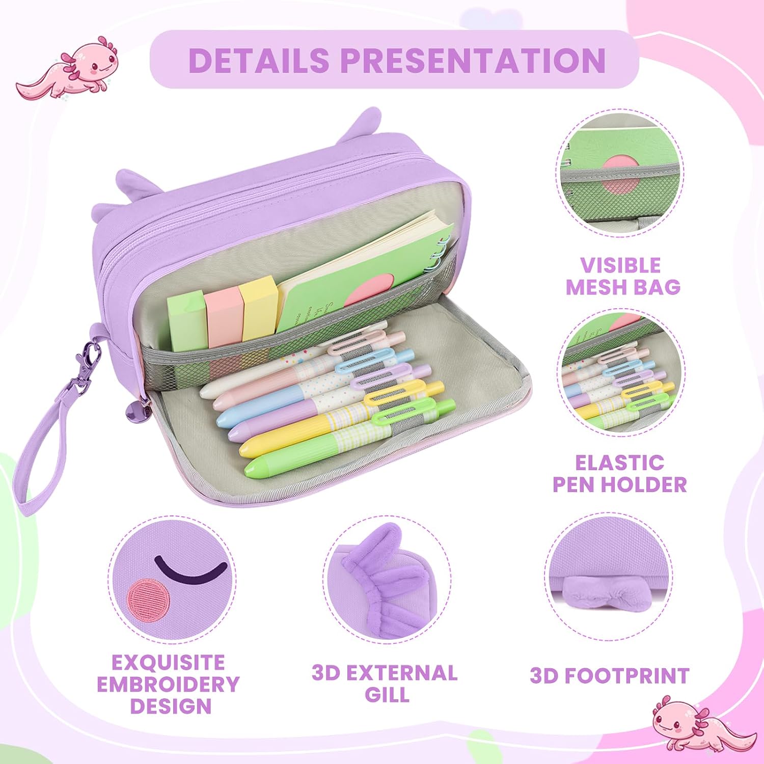 Axolotl Pencil Case, Pencil Case For Girls Kids, Salamander Pen Box For School, Large Capacity Pen Pouch,School Supplies Bag for Kids (Purple)