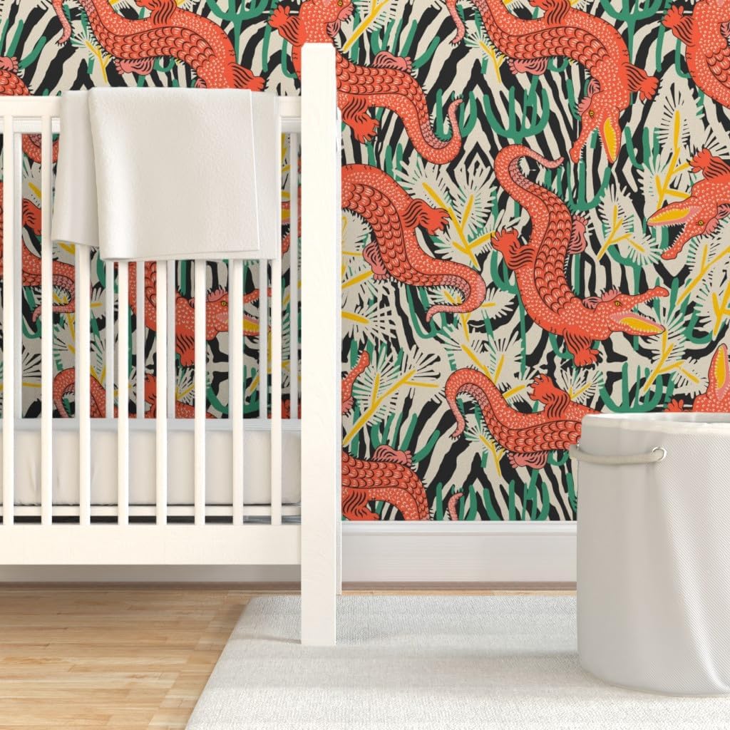 Spoonflower Peel & Stick Wallpaper 3ft x 2ft - Tropical Maximalist Coral Green Crocodile Alligator Bright Boho Vivid Bold Custom Removable Wallpaper