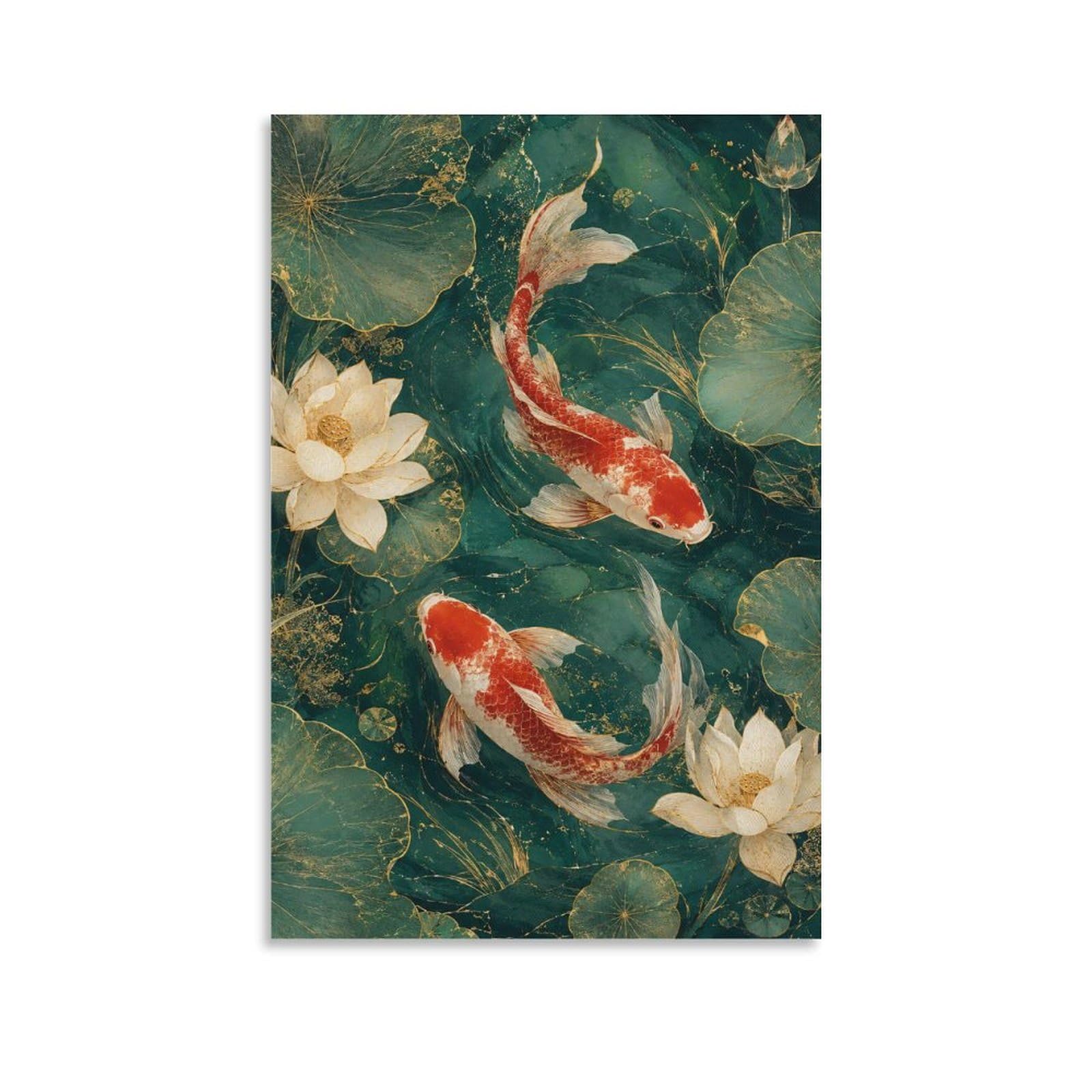 H3B8U2Y5 Koi Fish Lotus Canvas Wall Art, Modern Oriental Artwork