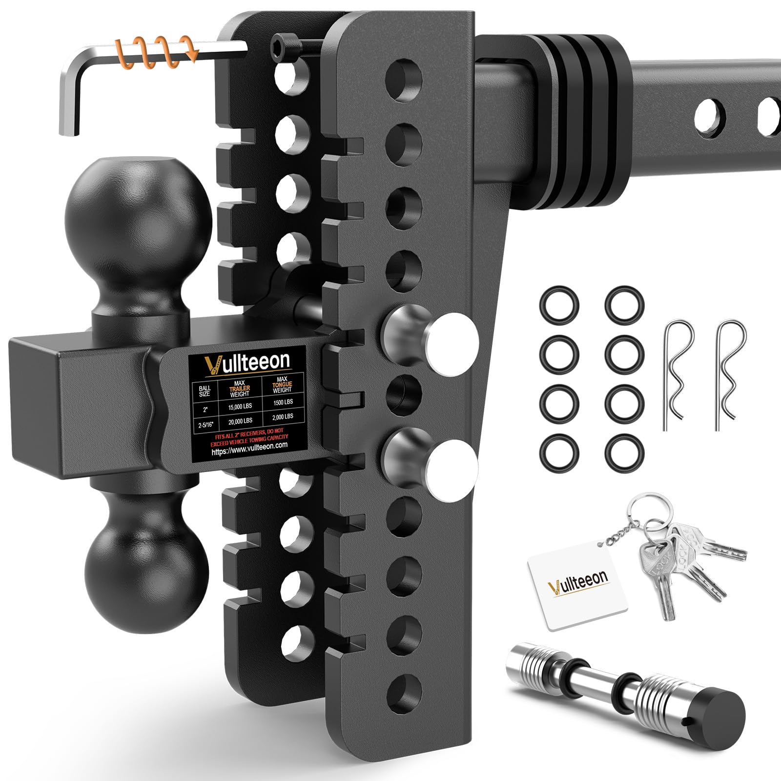 2026 Vullteeon Adjustable Trailer Hitch, 8-Inch Drop for 2-Inch Receiver - Heavy Duty Alloy Steel Truck Hitch with Slot-fit Design, Dual Ball Mount (2” & 2-5/16”), 20000 lbs GTW Tow Hitches