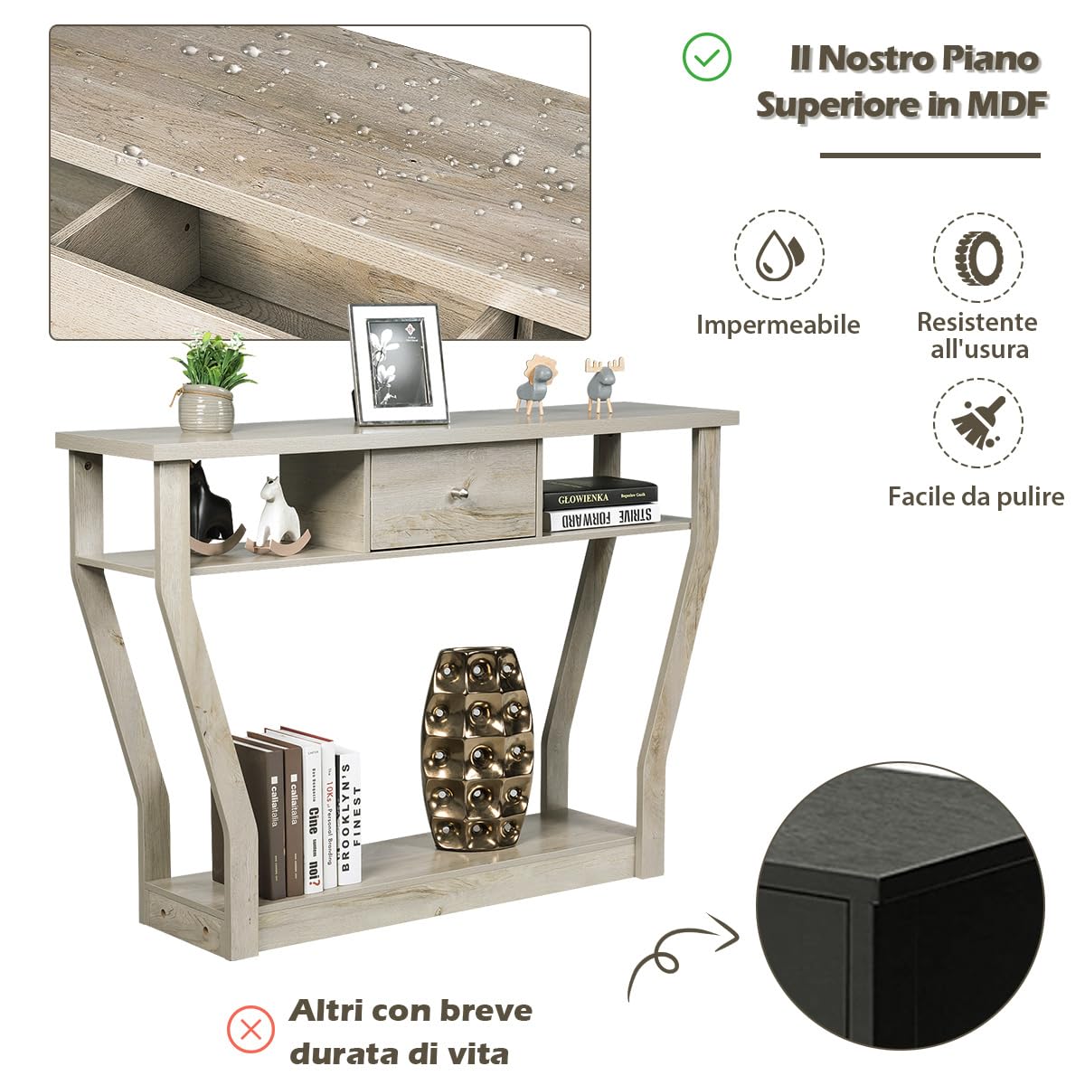 COSTWAY Tavolo Consolle in Legno, Consolle con Cassetto e Ripiani, Tavolo d'Ingresso Multiuso per Salotto, Corridoio e Entrata 120 x 30 x 81 cm (Grigio)