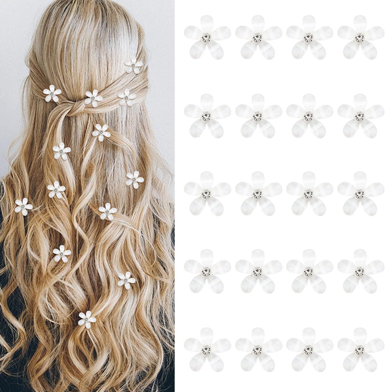 ZOUIQSS 20 Stück Mini-Haarspangen mit weißen Strass-Blumen,dekorative Haarspangen und -nadeln für die Hochzeit,Brautschmuck,für Mädchen und Frauen(weiß)