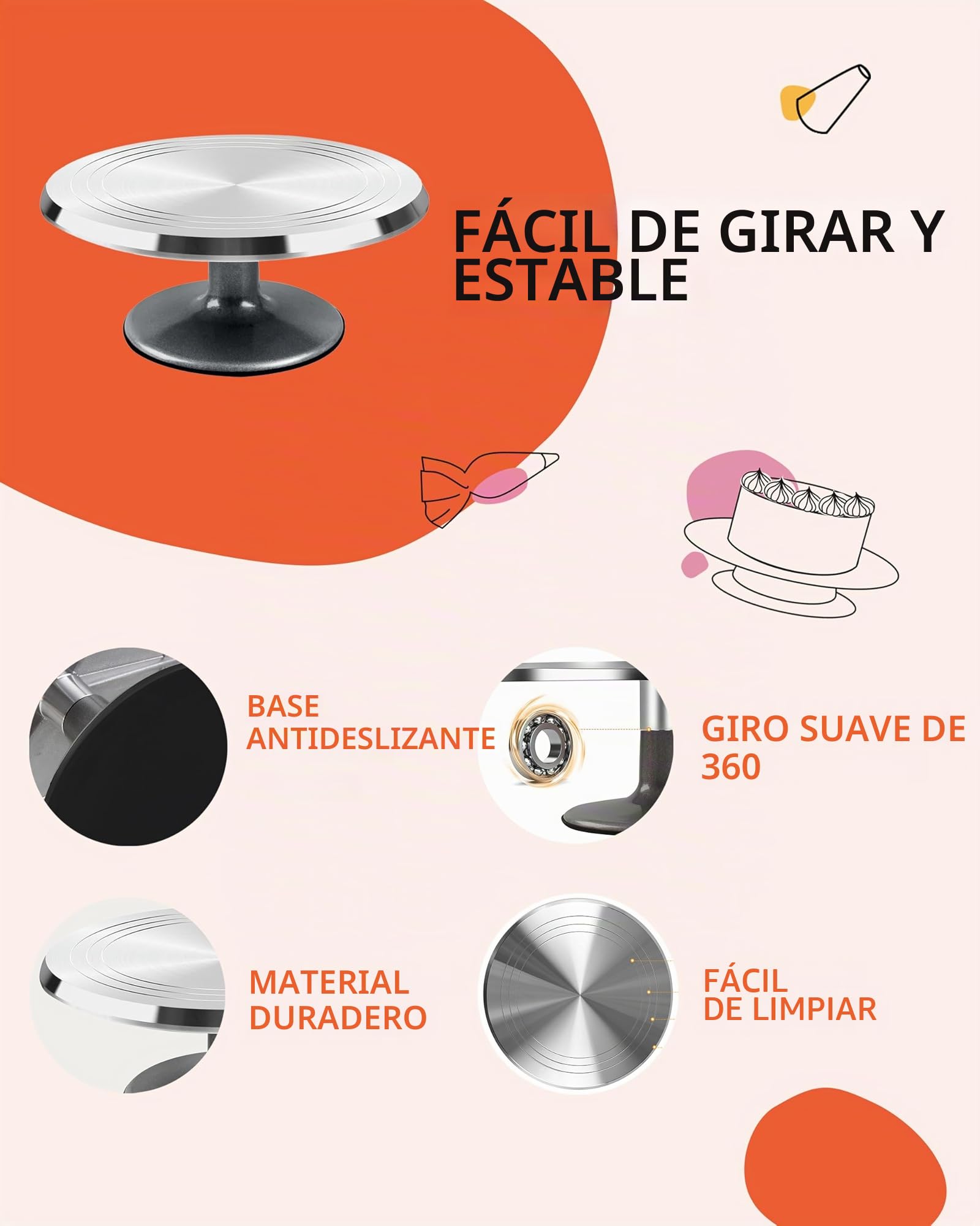 Wenburg - Bandeja para tartas giratoria, aleación de aluminio, 35 piezas, accesorios incl. zócalo, libro electrónico y más