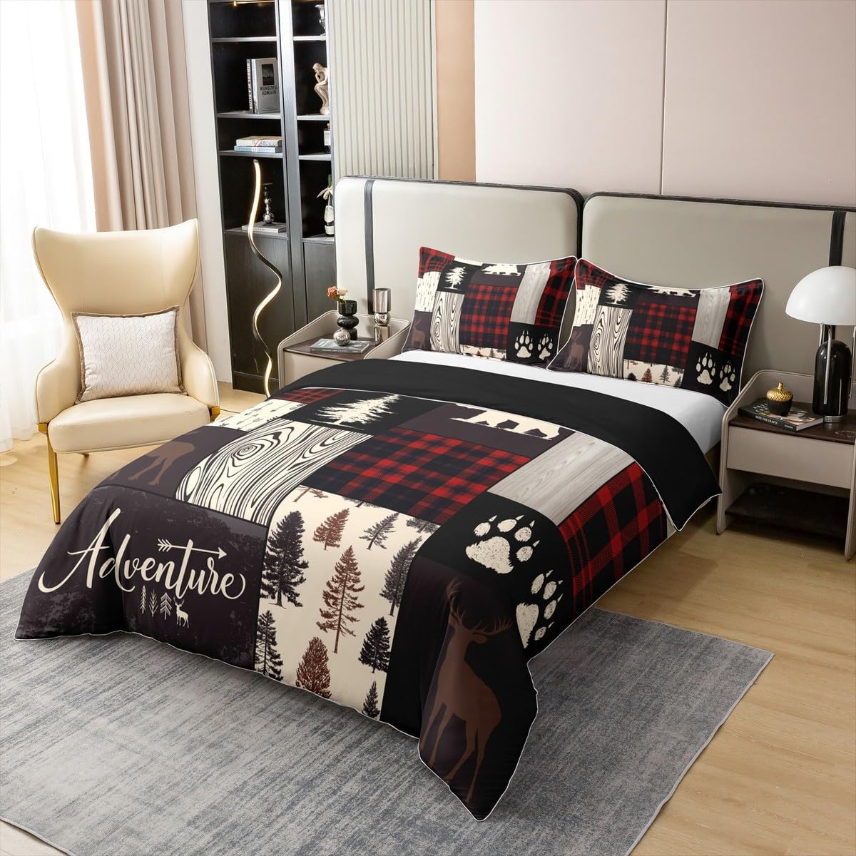 Erosebridal Retro Cabin 100% Cotton Duvet Cover,Checkered Plaid Patchwork Bedding Set for Kids Adult, Woodland Wildlife Deer Bear Trees Comforter Cover Country Farmhouse Moose Quilt Cover, Full