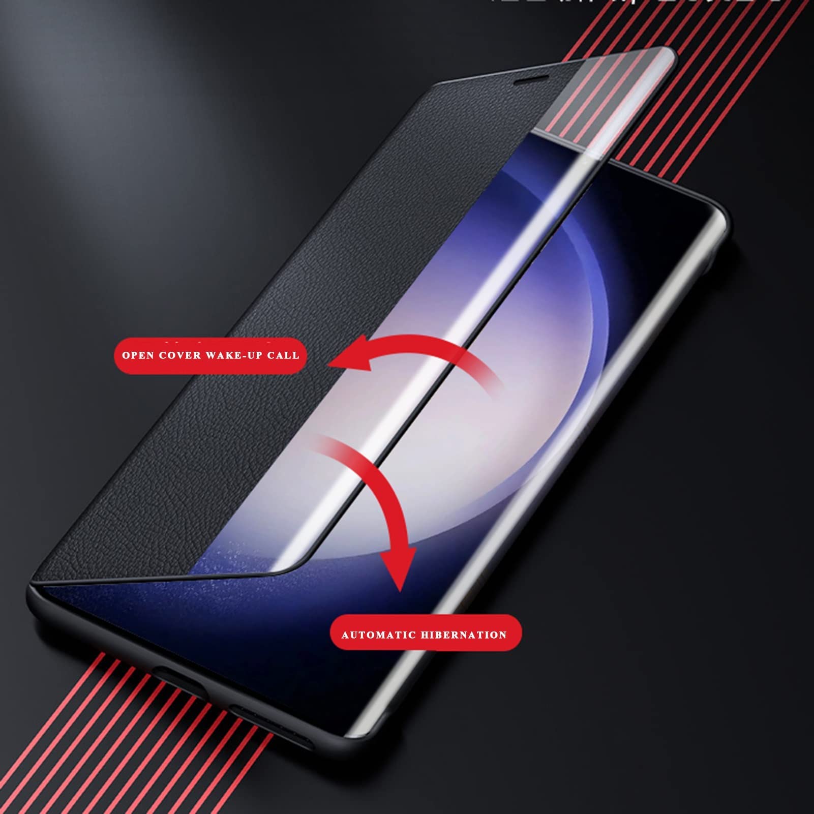 Etui do Samsung Galaxy S23/S23 Plus/S23 Ultra, etui z klapką Smart View, etui biznesowe Folio z podpórką, telefon ochronny ze skóry bydlęcej, czarny, S23 Plus 6,6"