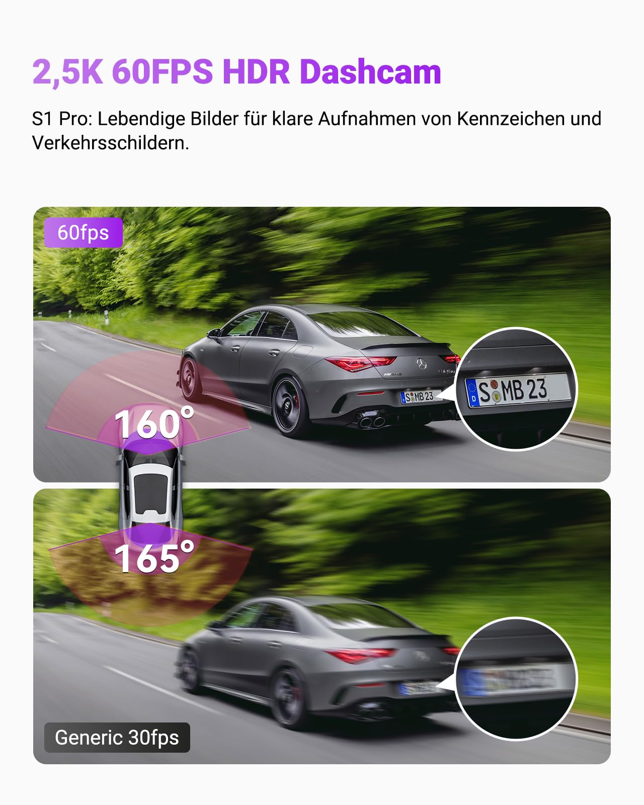 VANTRUE S1 Pro Dashcam 2,7K+1080P Dual 60fps Vorne und Hinten, 5GHz WLAN GPS Auto Kamera mit STARVIS 2 Nachtsicht, 24h Parküberwachung Nachtsicht, Superkondensator G-Sensor Loop-Aufnahme APP, 512GB