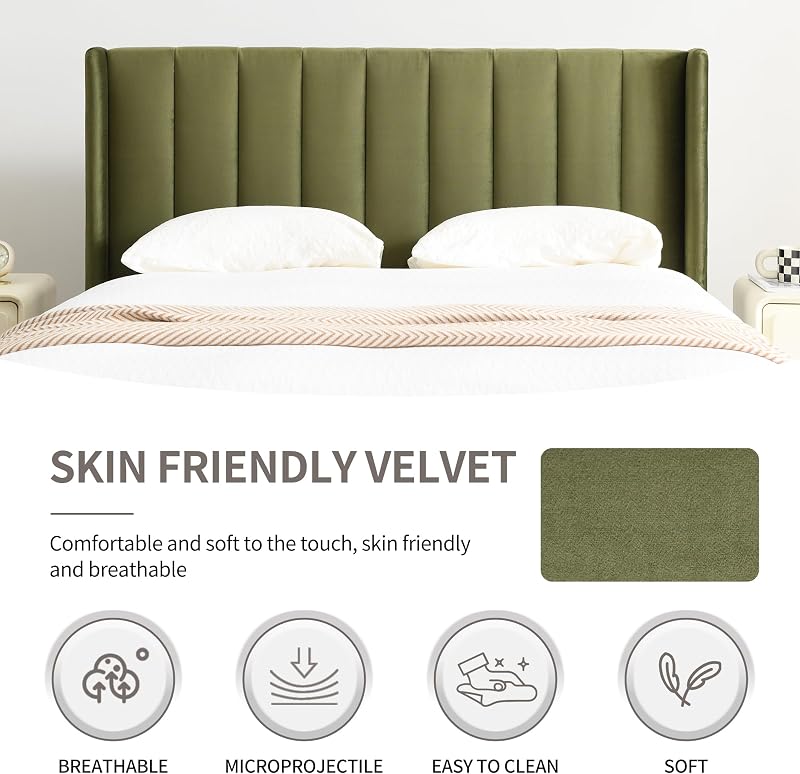 YUHUASHI Full Bed Frame，Platform Bed with Upholstered Headboard，Grass Green image 5
