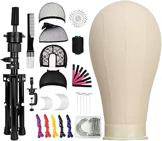 22 Inch Wig Head (White), Wig Stand Tripod with Head, Canvas Block Head Mannequin Head Stand Wig Display Styling Head With Mount Hole, Manikin Canvas Head Block Set for Wigs Making Display with Wig Caps, T Pins C Pins Set Bristle Brush